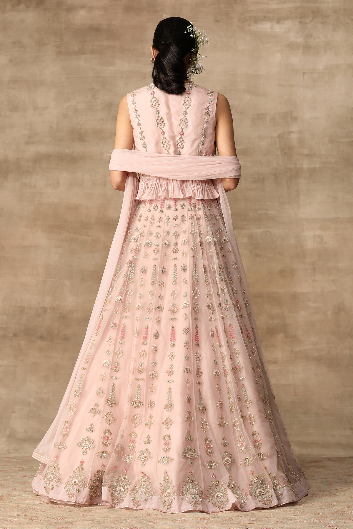 Indian Blush Pink Embroidered Net Lehenga with Organza Peplum (3-Piece) - Image 2