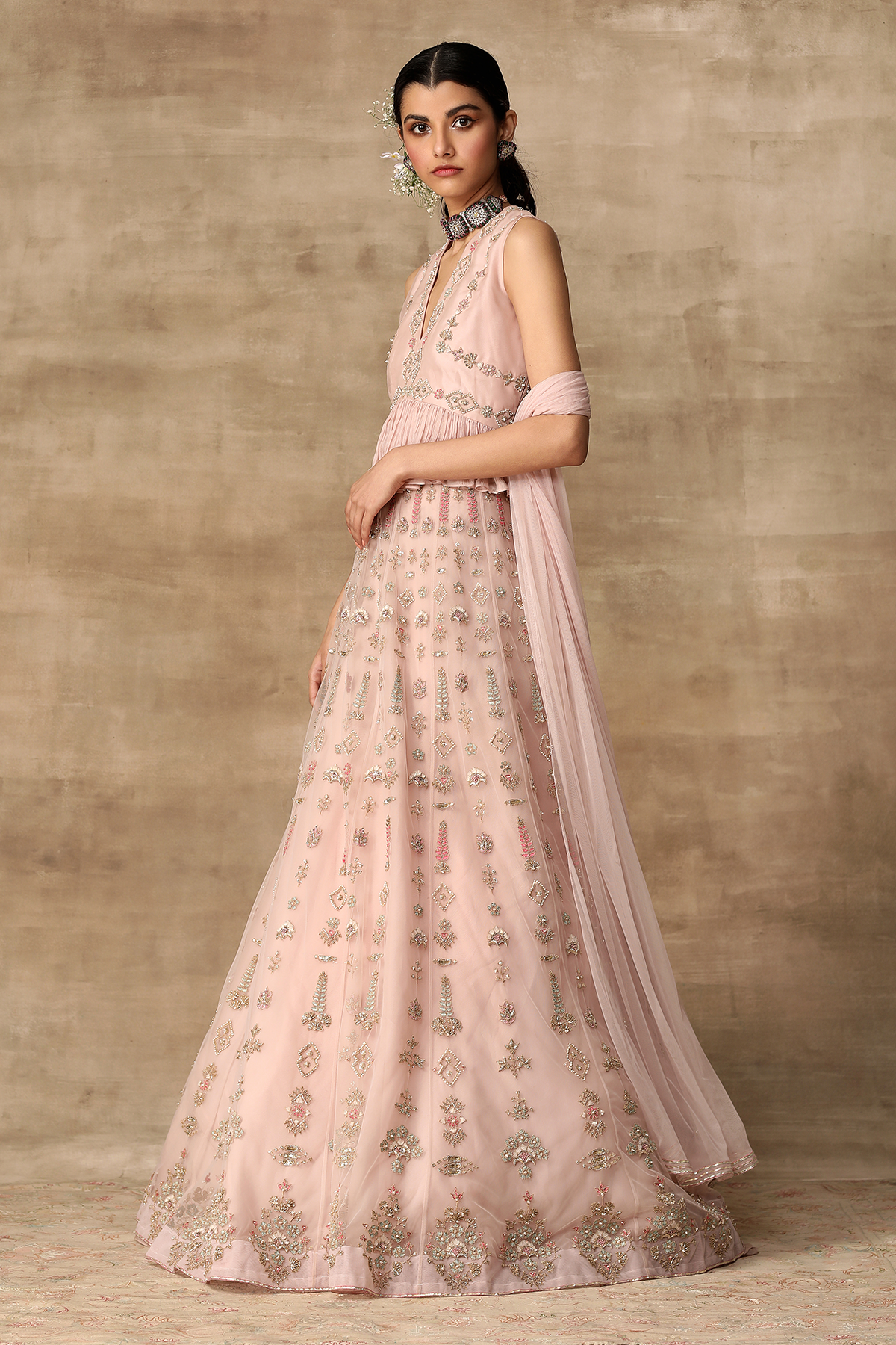 Indian Blush Pink Embroidered Net Lehenga with Organza Peplum (3-Piece) - Image 3