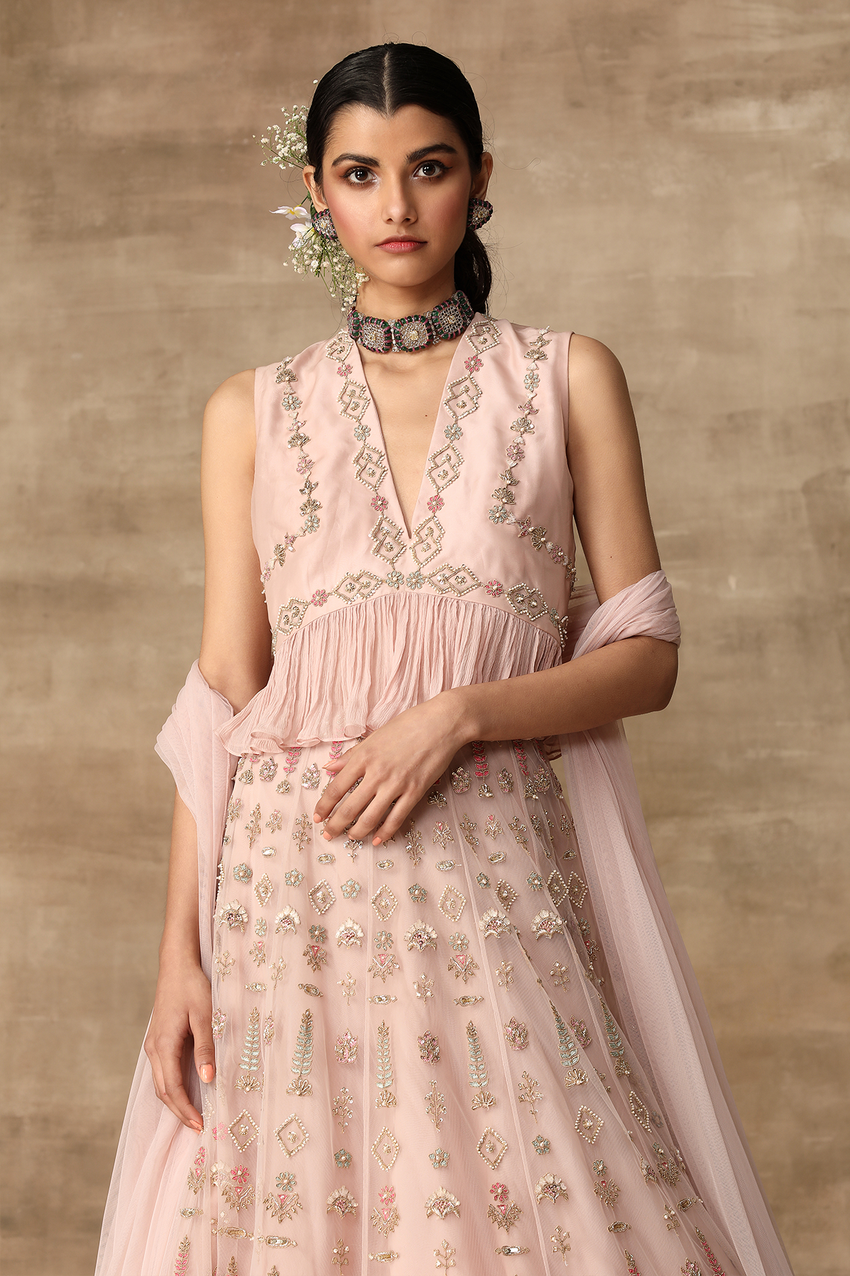 Indian Blush Pink Embroidered Net Lehenga with Organza Peplum (3-Piece) - Image 4