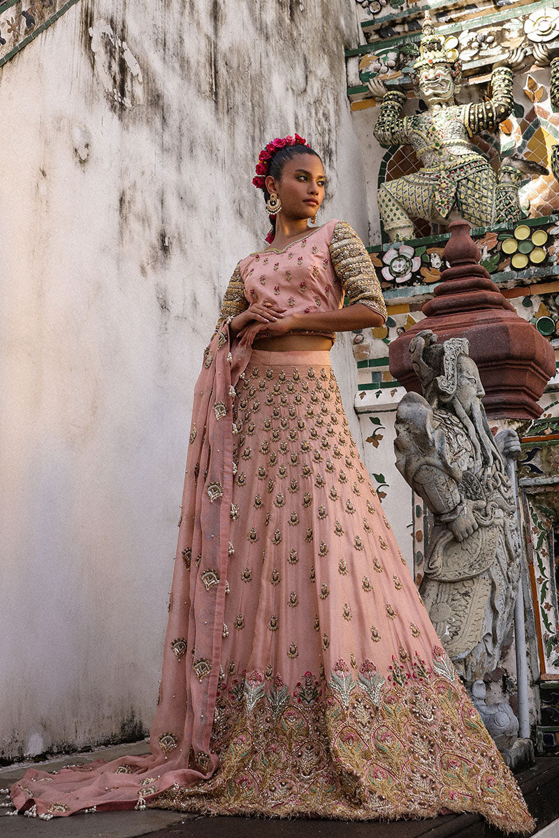 Pakistani Pastel Pink Embroidered Net Lehenga Choli (3-Piece) - Image 1