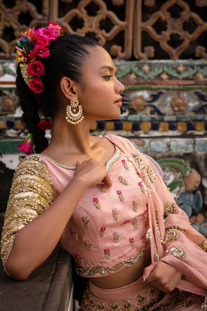 Pakistani Pastel Pink Embroidered Net Lehenga Choli (3-Piece) - Image 4