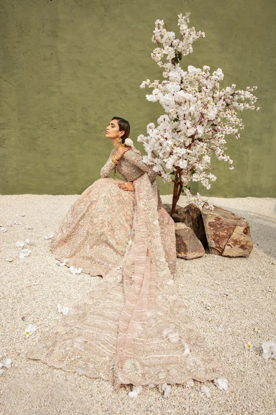 Powder Pink Pearl Embroidered Net Lehenga Choli (3-Piece) - Image 1