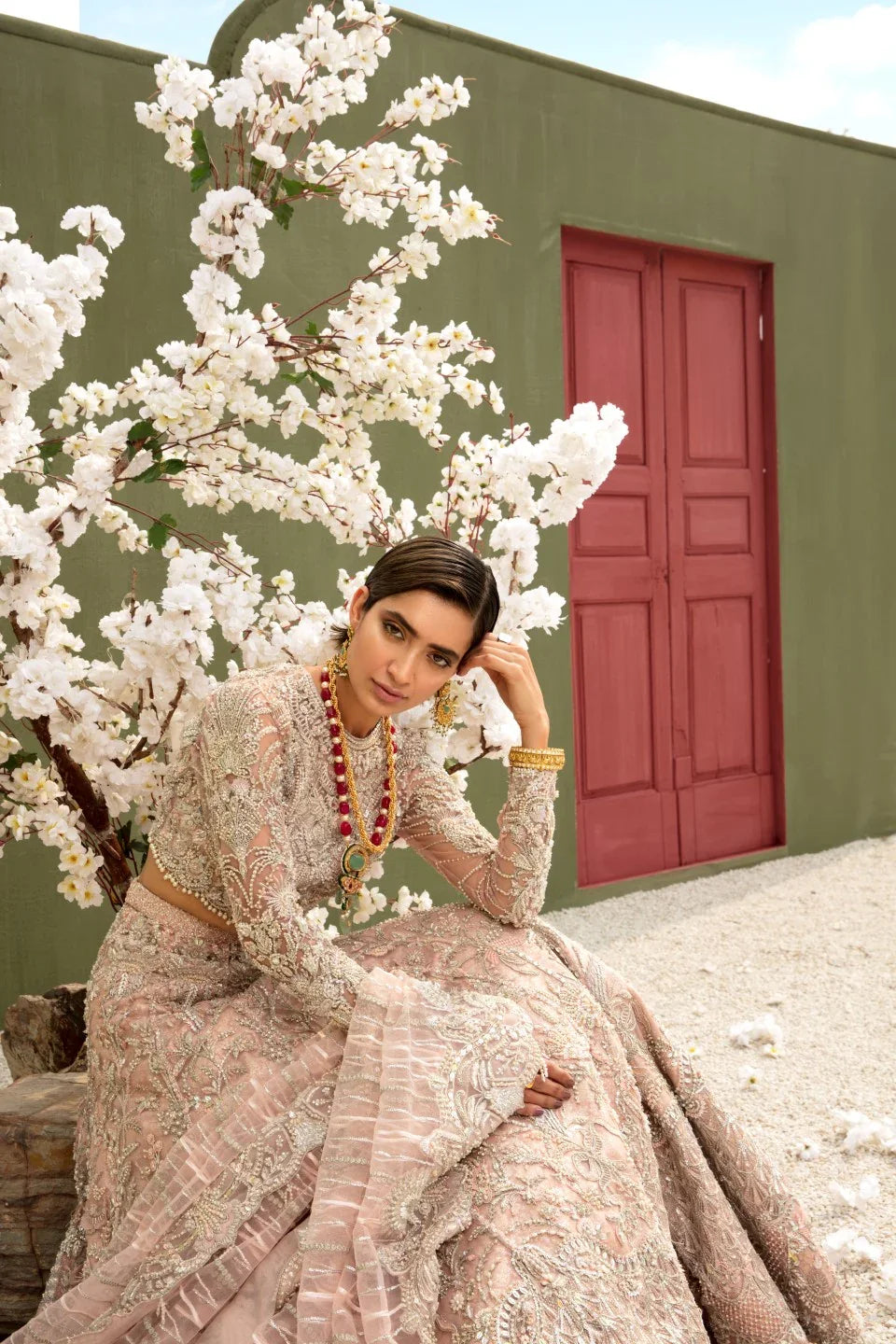 Powder Pink Pearl Embroidered Net Lehenga Choli (3-Piece) - Image 2