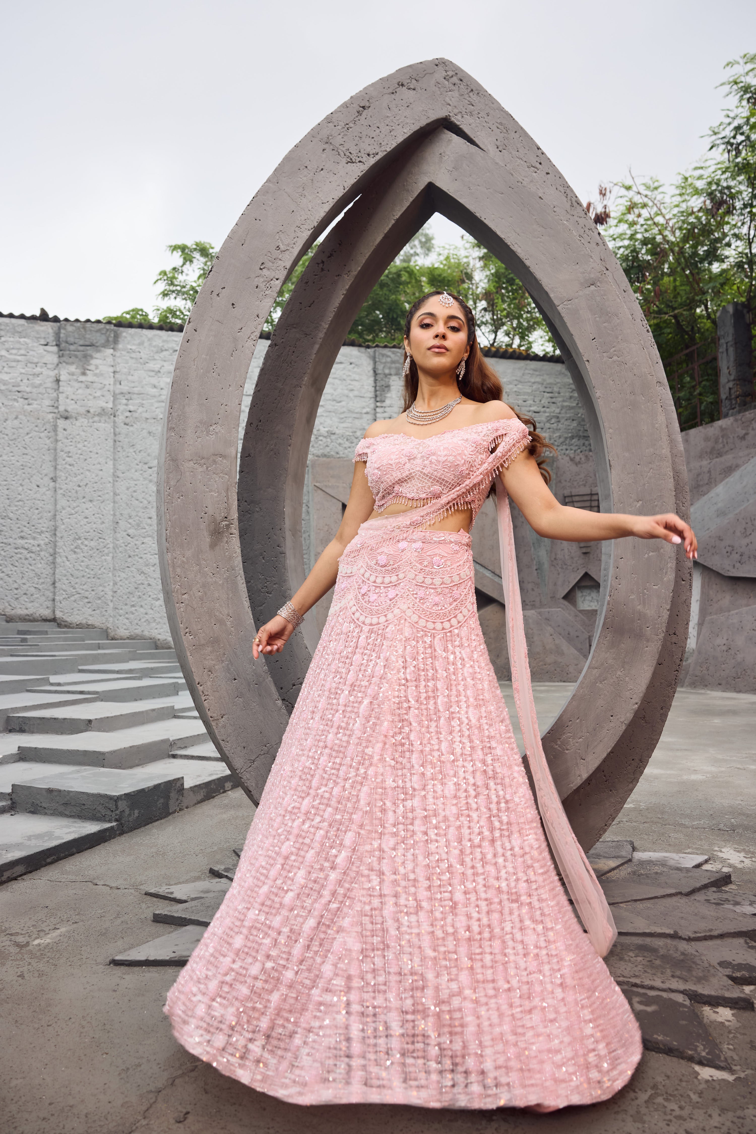 Soft Pink Hand-Embroidered Net Lehenga (3-Piece) - Image 2