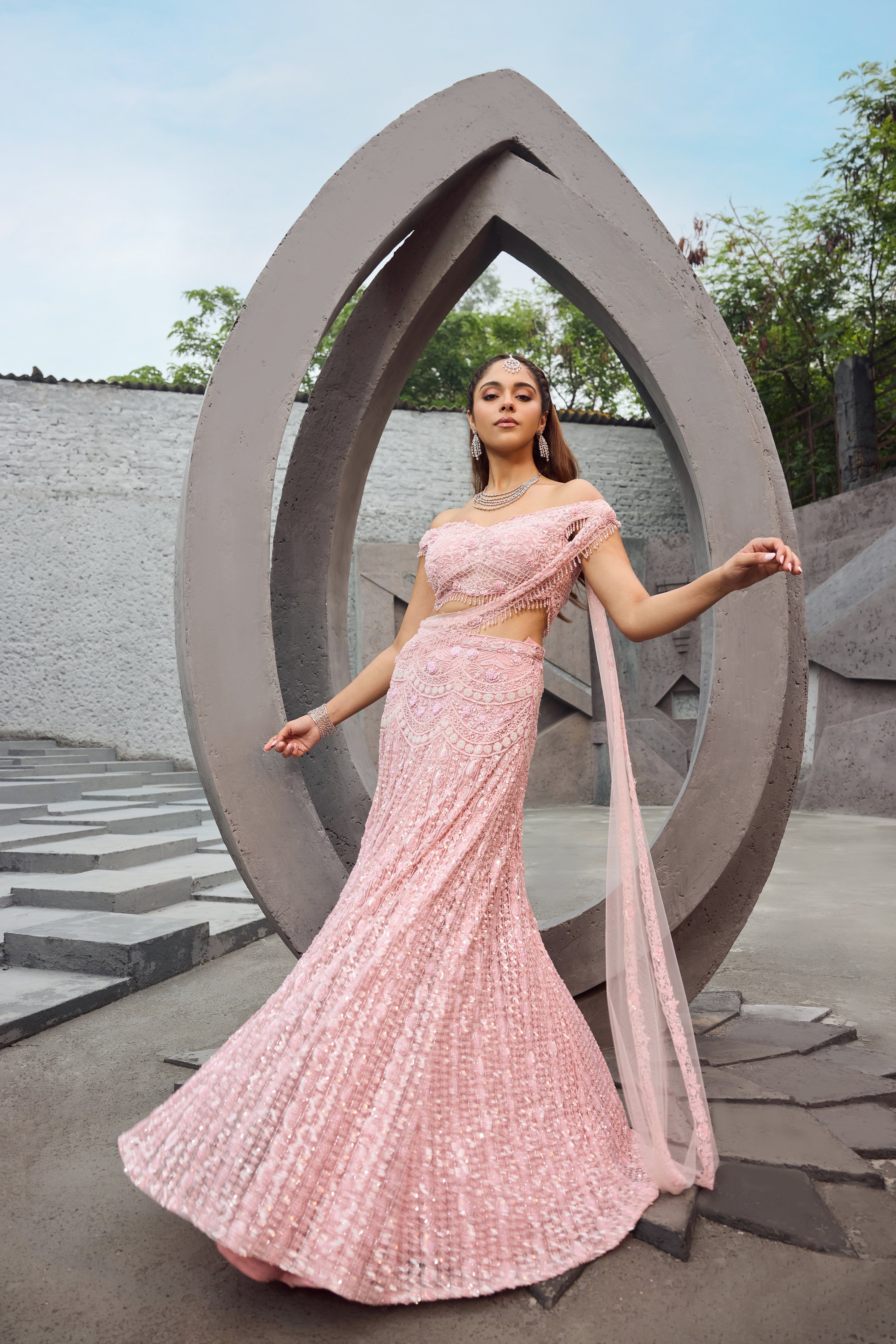 Soft Pink Hand-Embroidered Net Lehenga (3-Piece) - Image 6