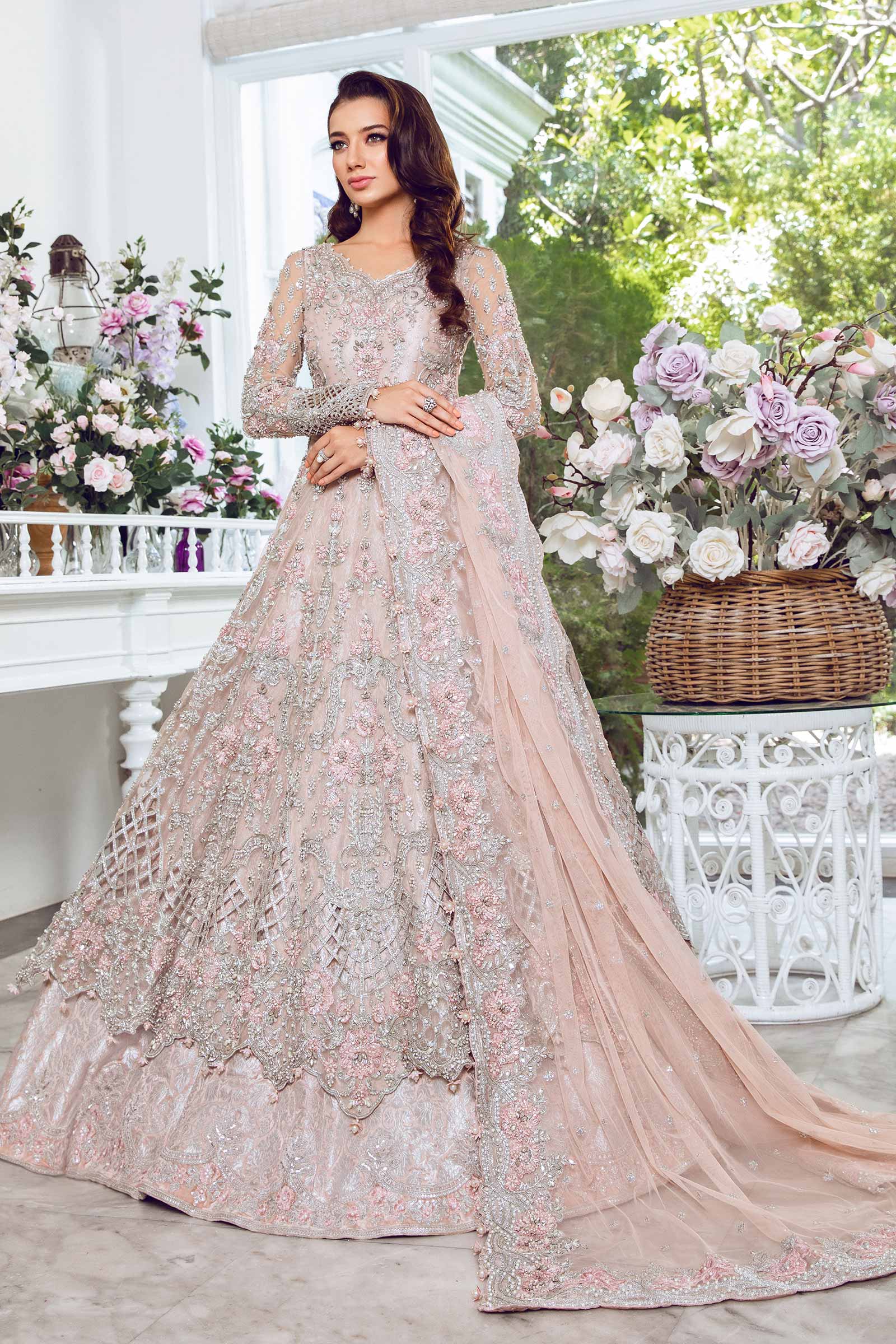 Blush Pink 3D Floral Net & Jamawar Lehenga (3-Piece) - Image 1