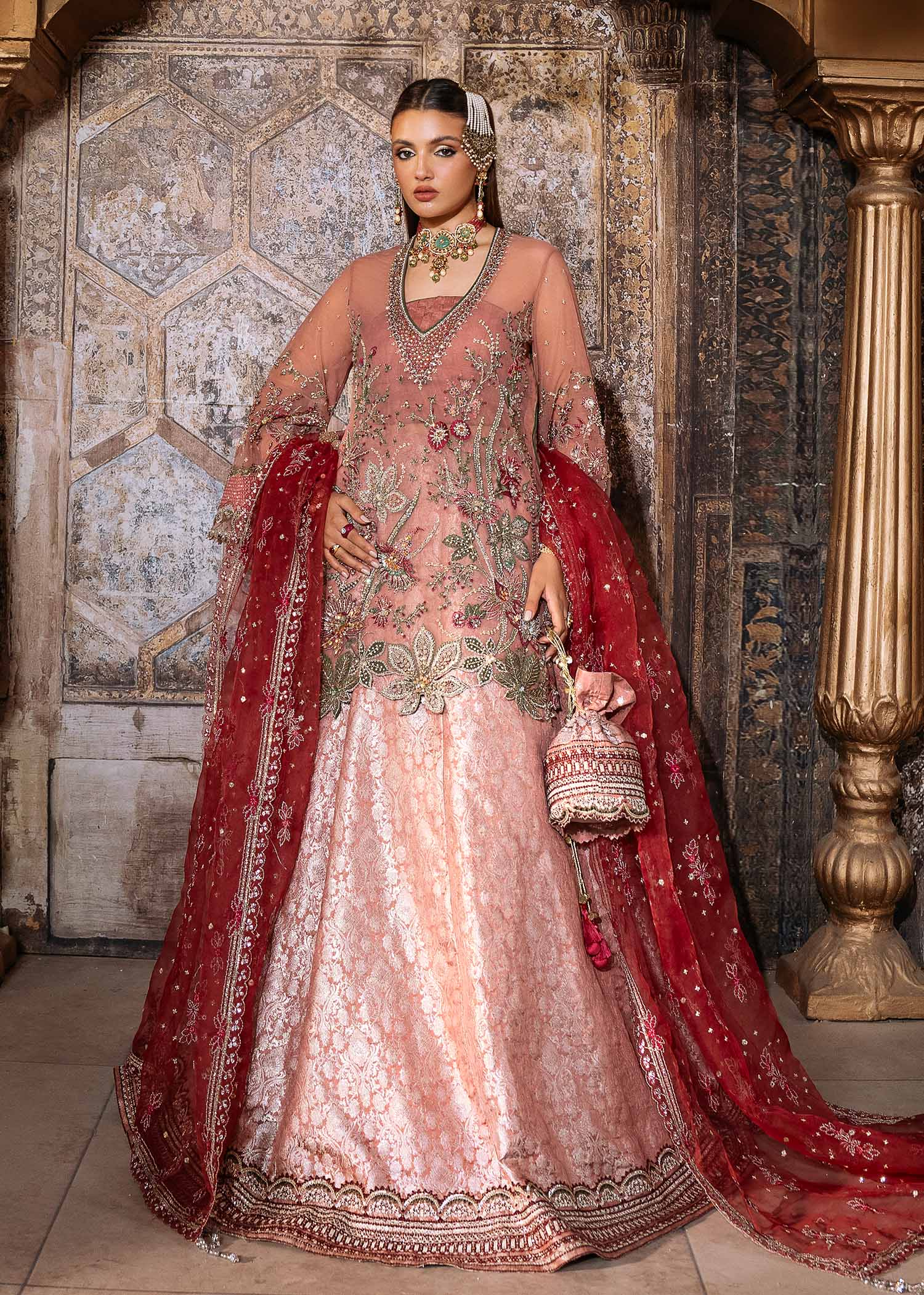 Light Pink Naqshi Dabka Net & Jamawar Lehenga (3-Piece) - Image 1