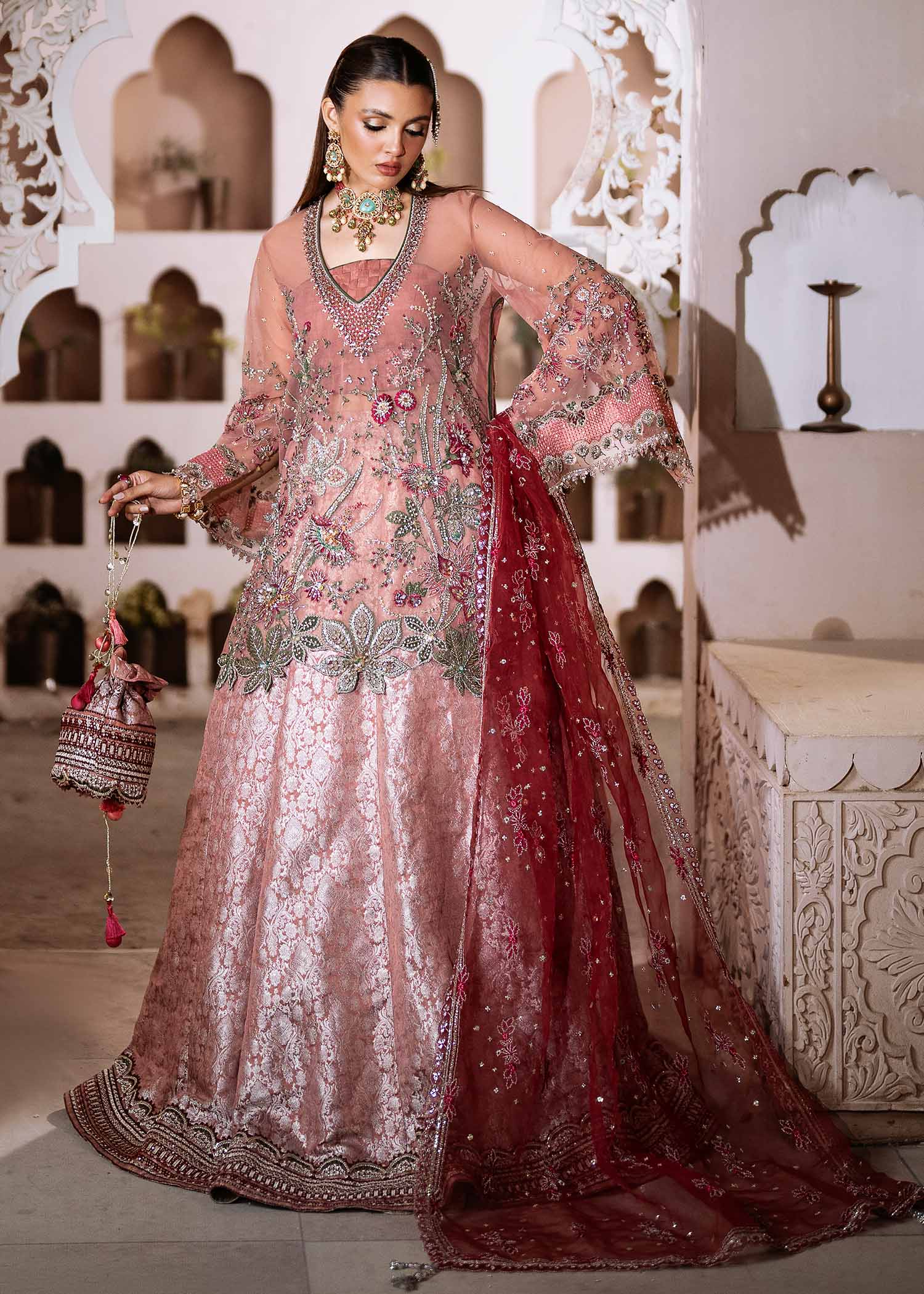 Light Pink Naqshi Dabka Net & Jamawar Lehenga (3-Piece) - Image 2