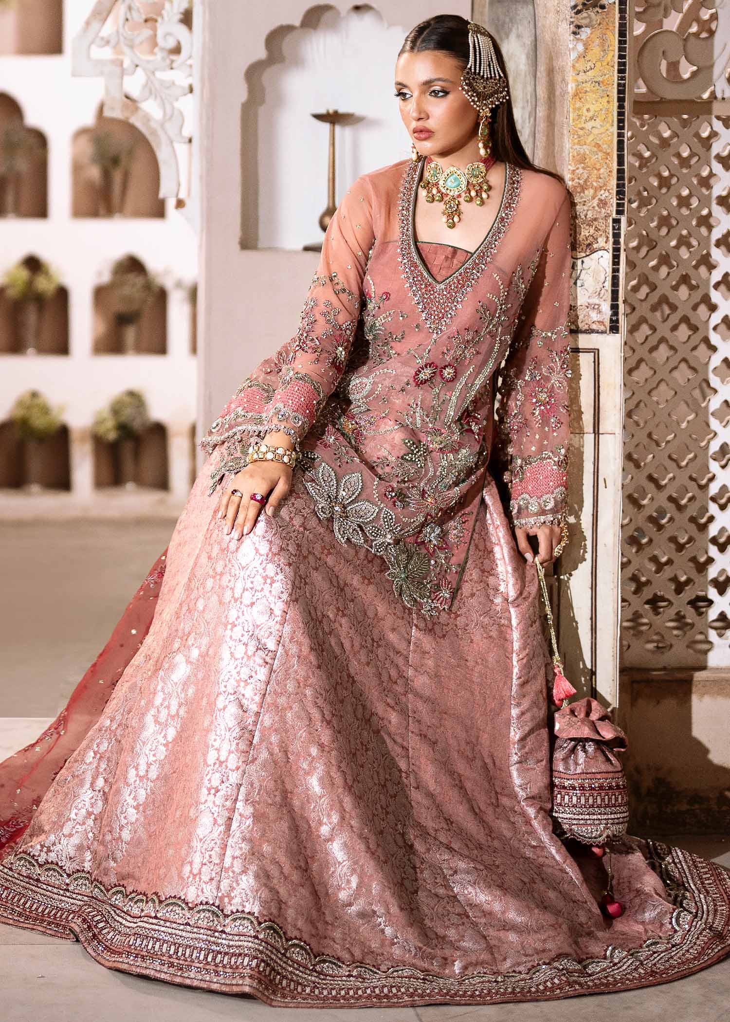 Light Pink Naqshi Dabka Net & Jamawar Lehenga (3-Piece) - Image 3