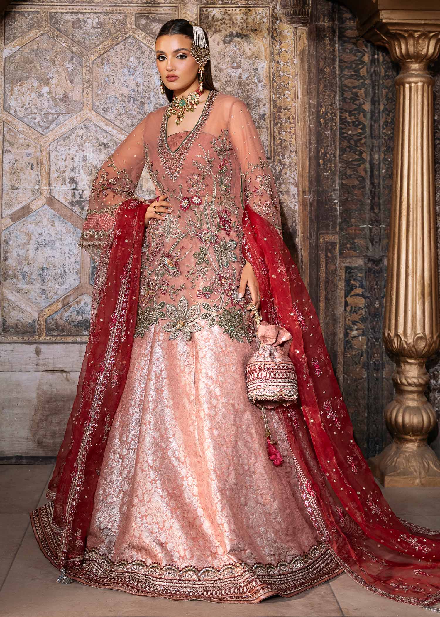 Light Pink Naqshi Dabka Net & Jamawar Lehenga (3-Piece) - Image 5