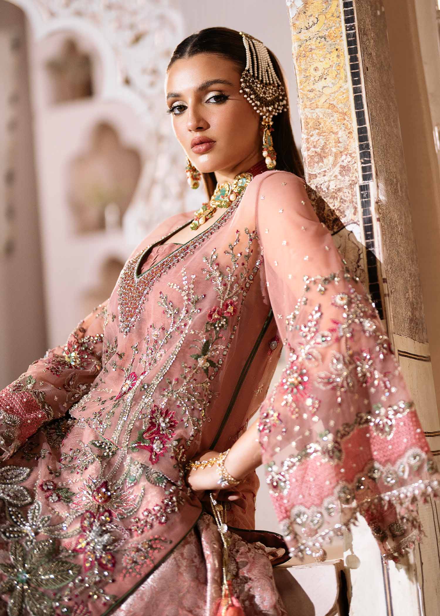 Light Pink Naqshi Dabka Net & Jamawar Lehenga (3-Piece) - Image 6