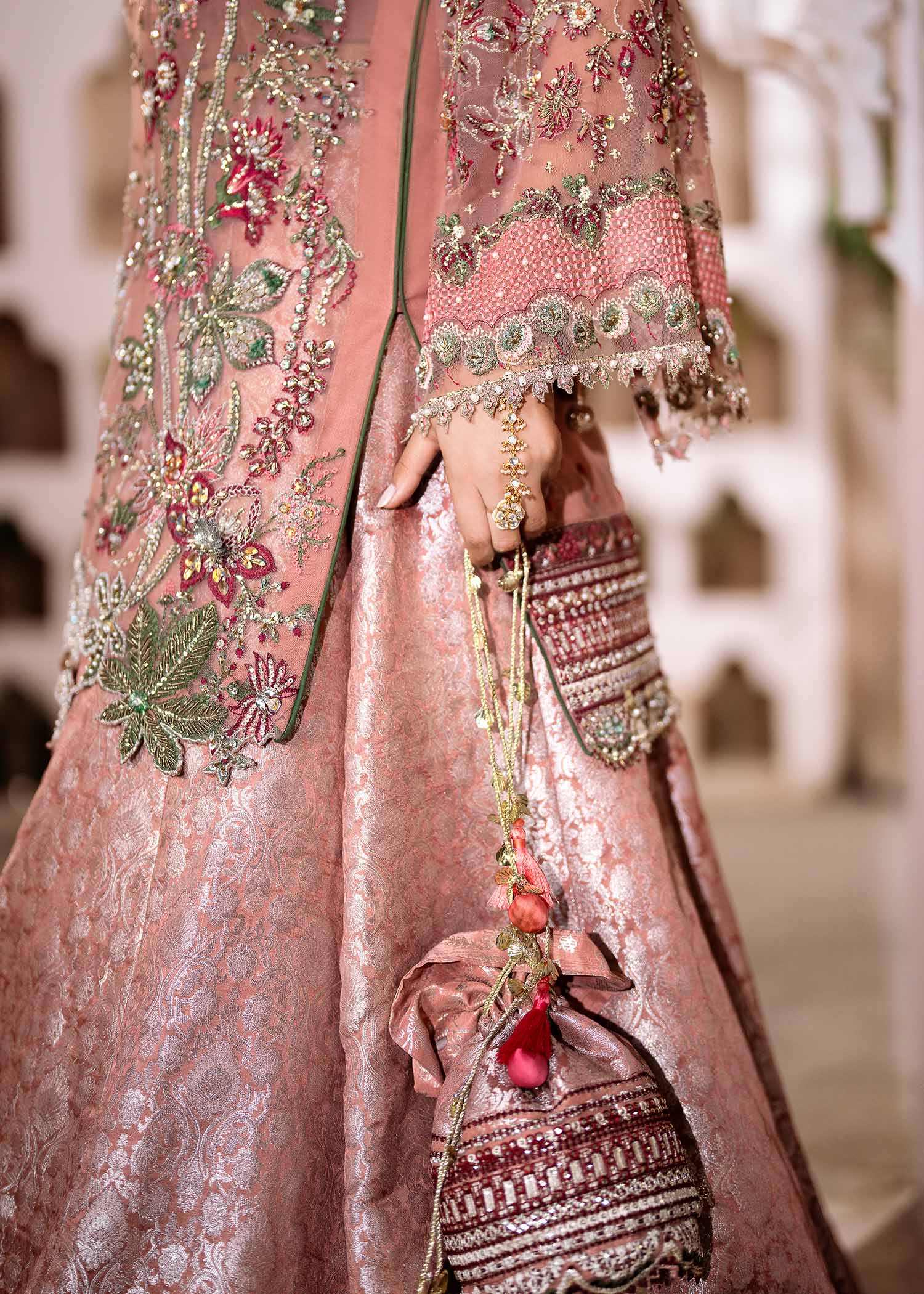 Light Pink Naqshi Dabka Net & Jamawar Lehenga (3-Piece) - Image 7