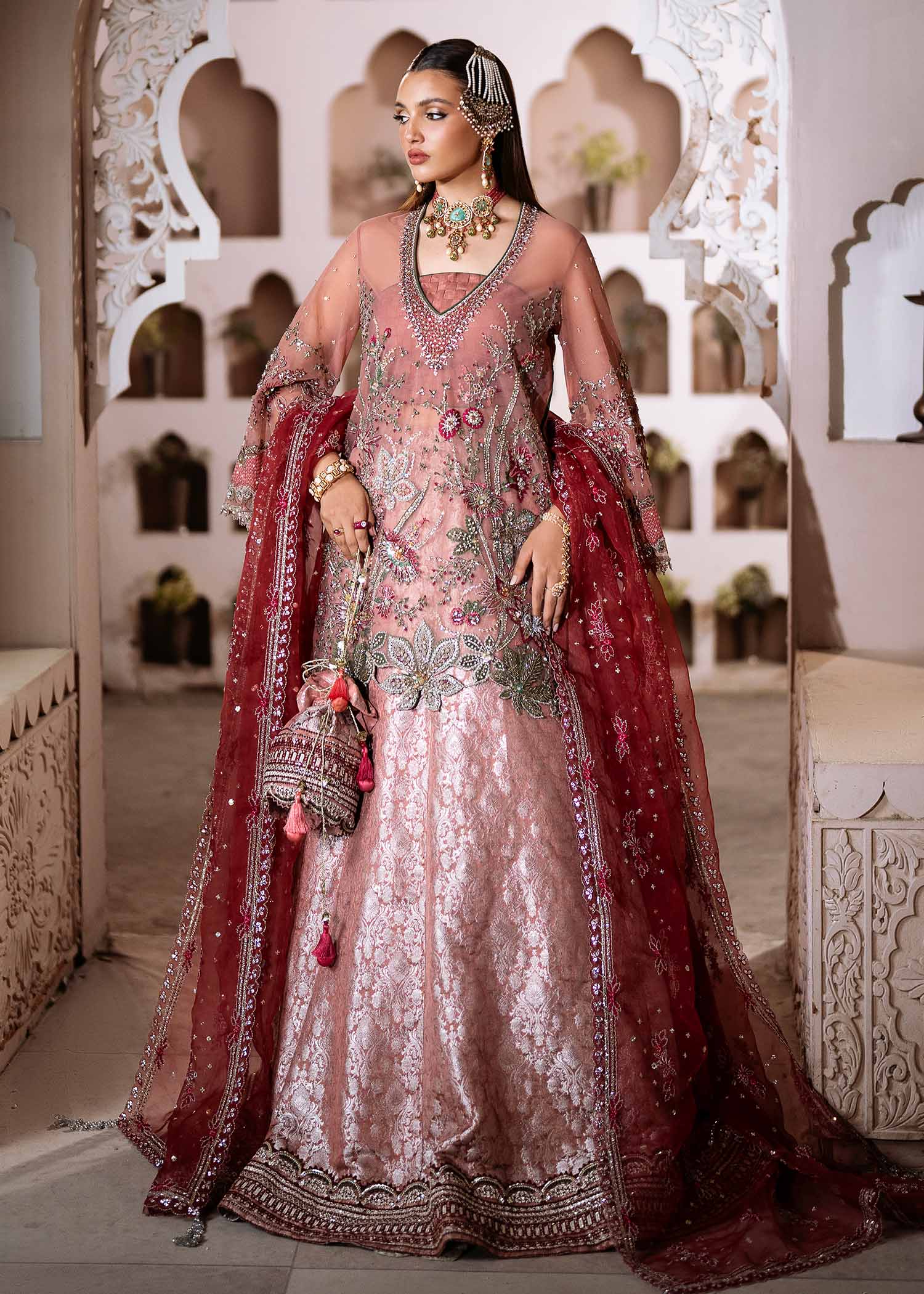 Light Pink Naqshi Dabka Net & Jamawar Lehenga (3-Piece) - Image 8