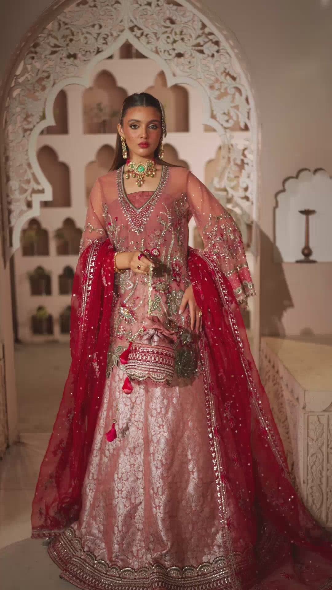 Light Pink Naqshi Dabka Net & Jamawar Lehenga (3-Piece) - Image 9