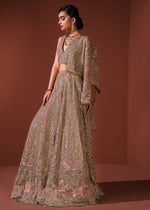 Pakistani Coral Embroidered Net Lehenga Set (3-Piece) - Image 11