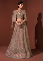 Pakistani Coral Embroidered Net Lehenga Set (3-Piece) - Image 2