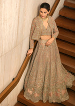 Pakistani Coral Embroidered Net Lehenga Set (3-Piece) - Image 3