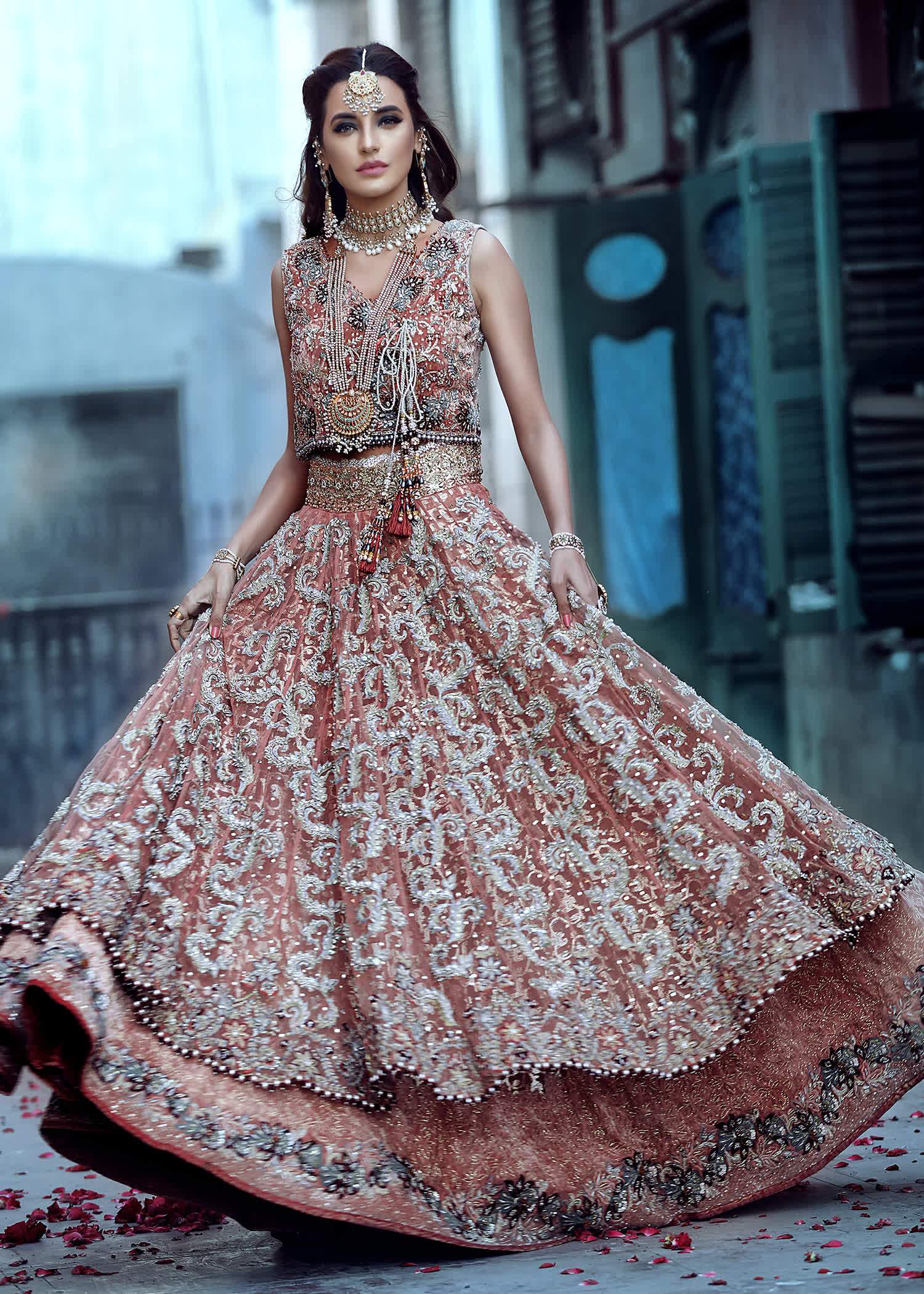 Dusty Rose Embellished Net Bridal Lehenga (3-Piece) - Image 1