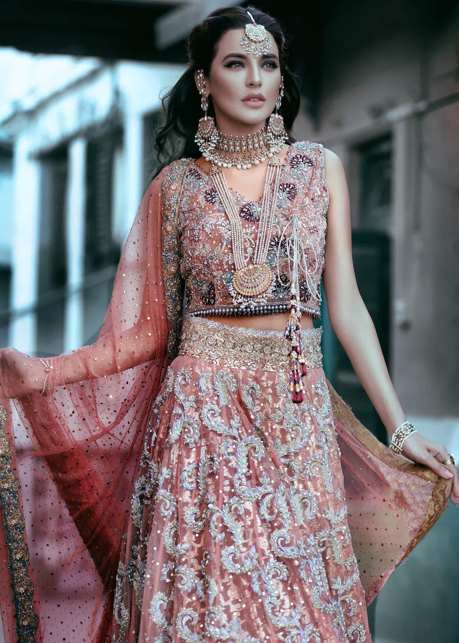 Dusty Rose Embellished Net Bridal Lehenga (3-Piece) - Image 2