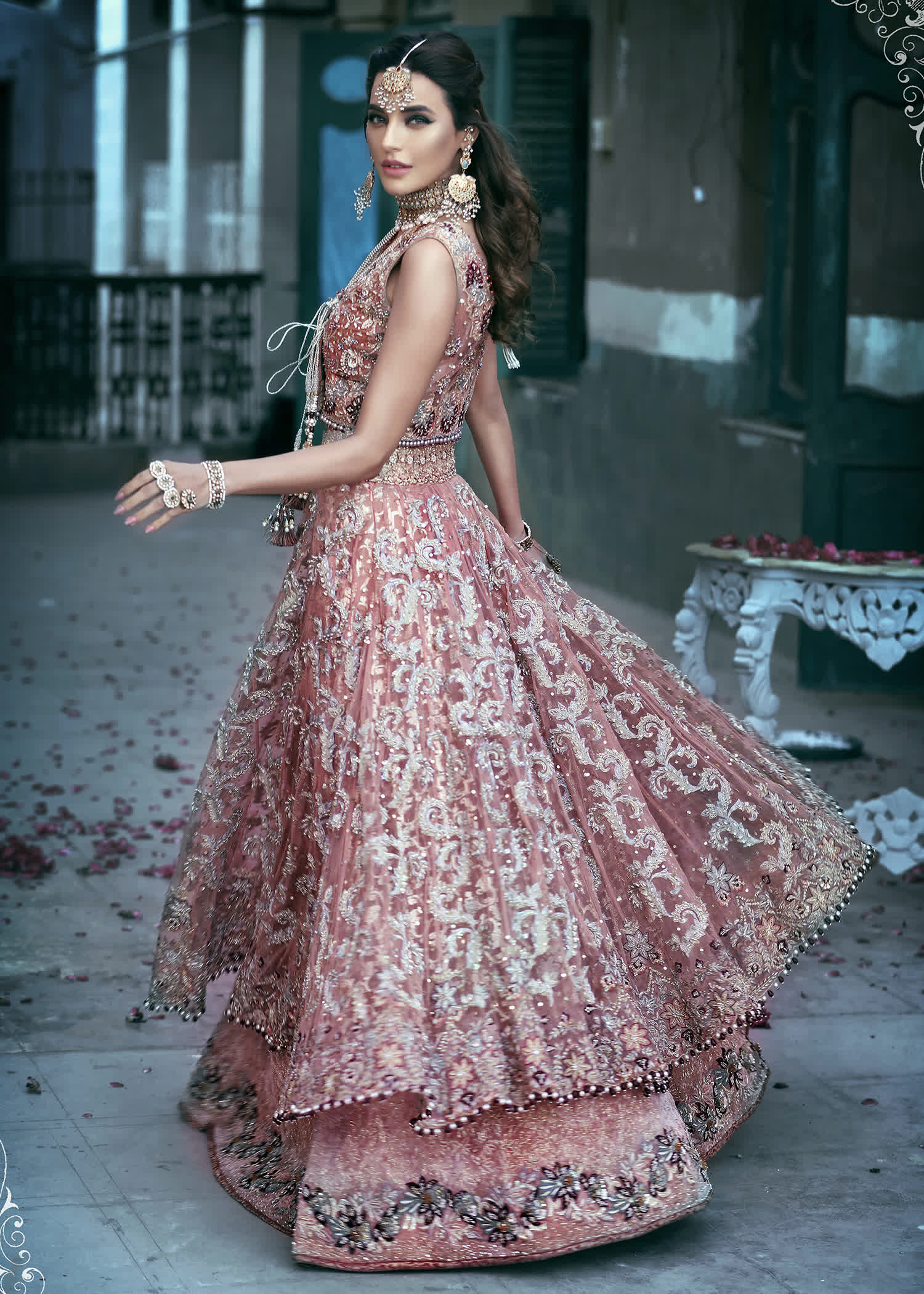 Dusty Rose Embellished Net Bridal Lehenga (3-Piece) - Image 4