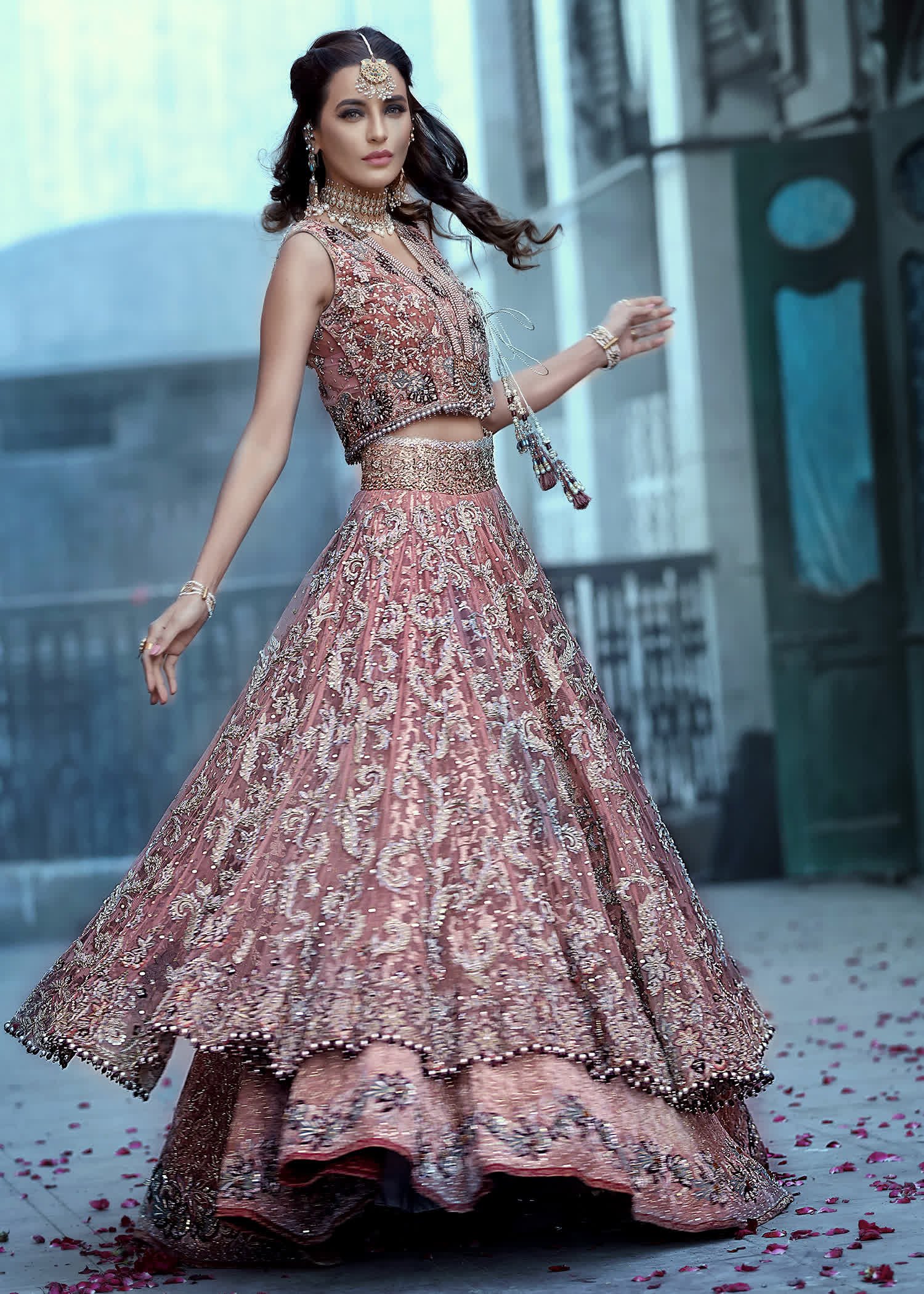 Dusty Rose Embellished Net Bridal Lehenga (3-Piece) - Image 5