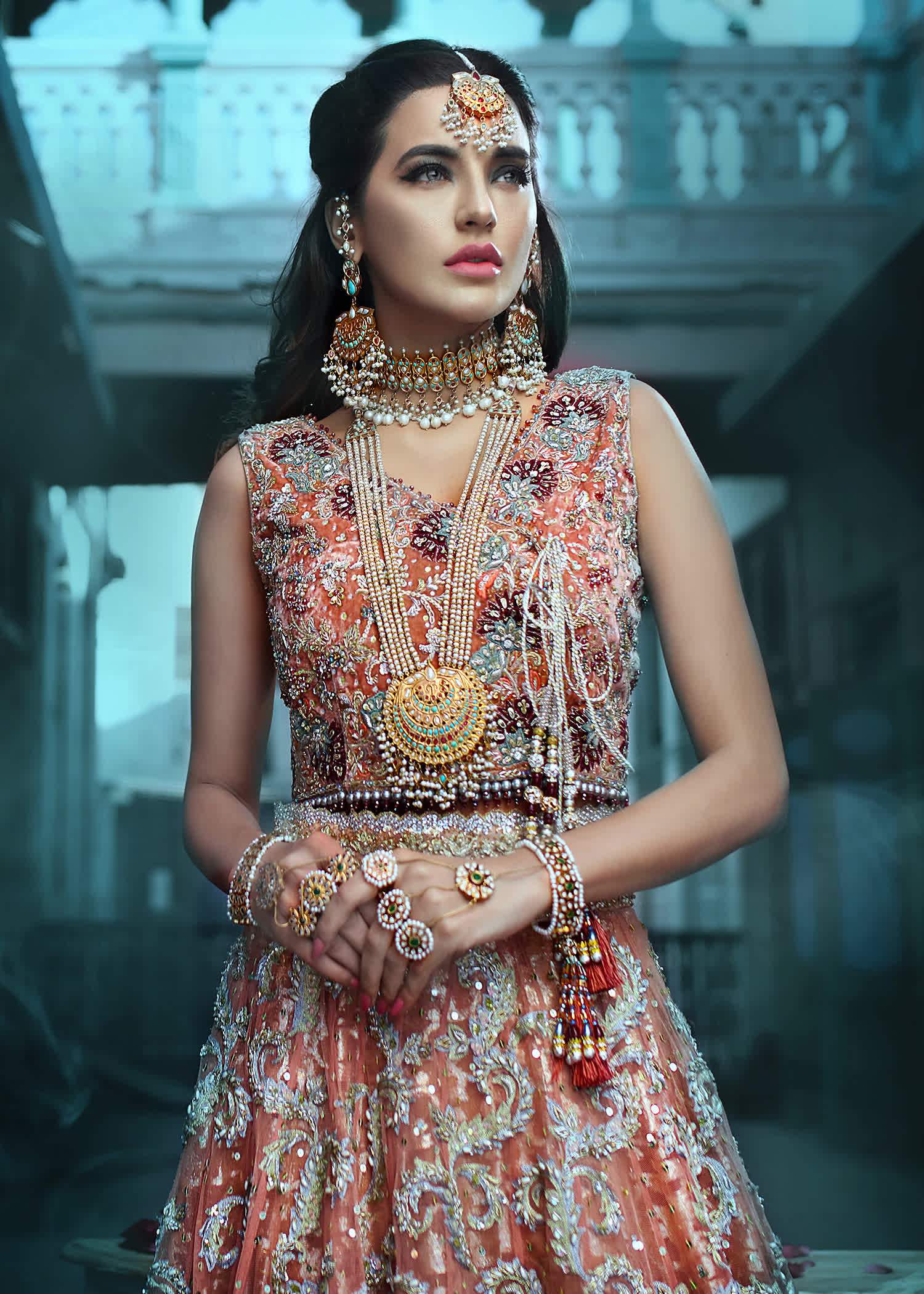 Dusty Rose Embellished Net Bridal Lehenga (3-Piece) - Image 6