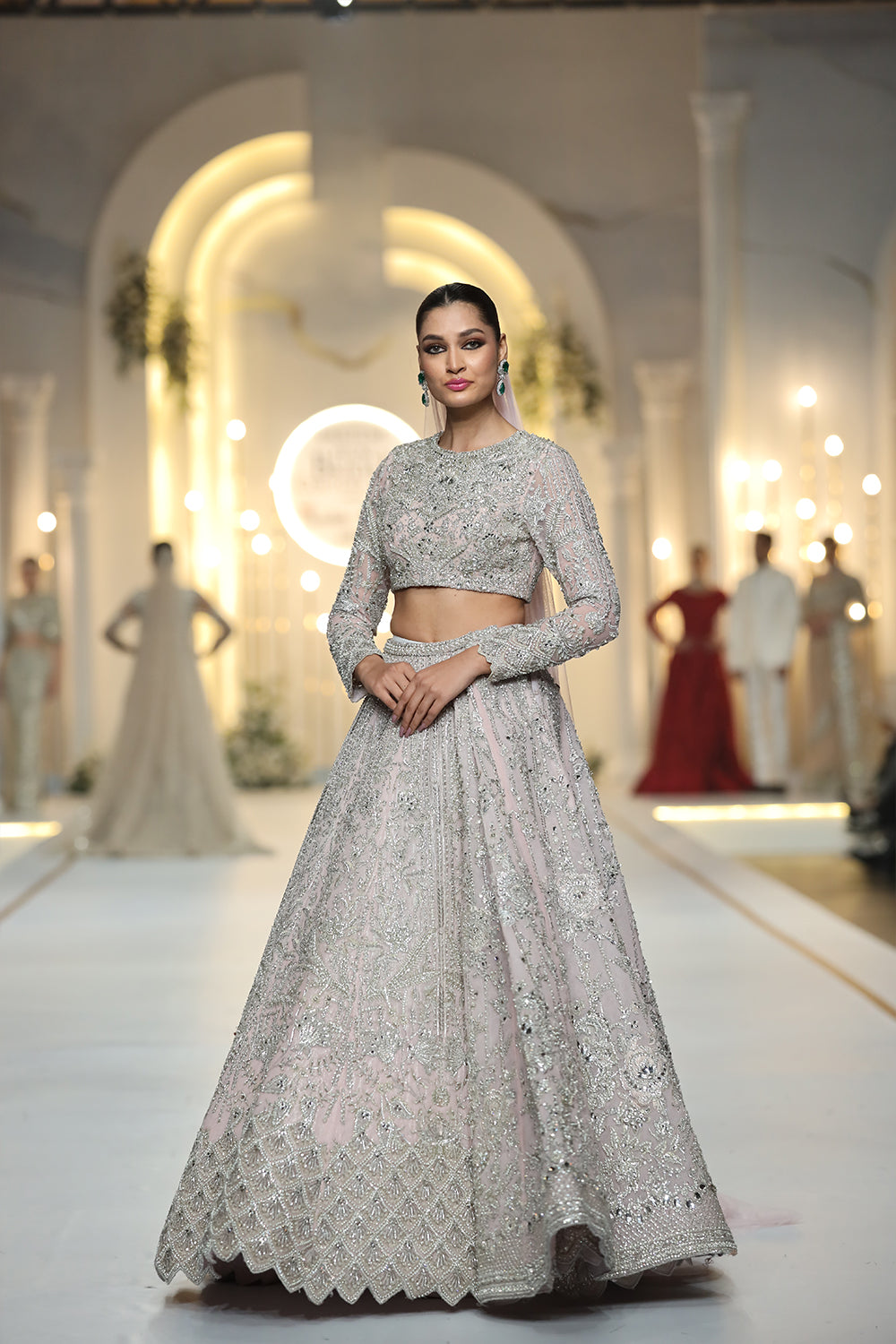 Baby Pink Hand-Embellished Net Bridal Lehenga (3-Piece) - Image 1
