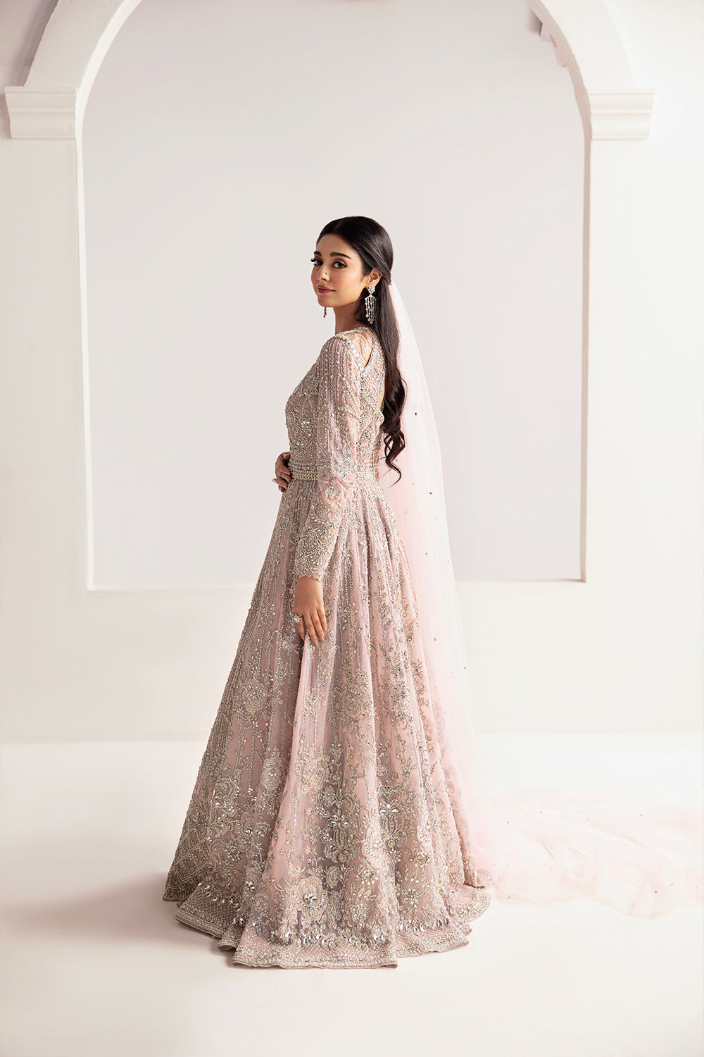 Baby Pink Hand-Embellished Net Bridal Lehenga (3-Piece) - Image 2