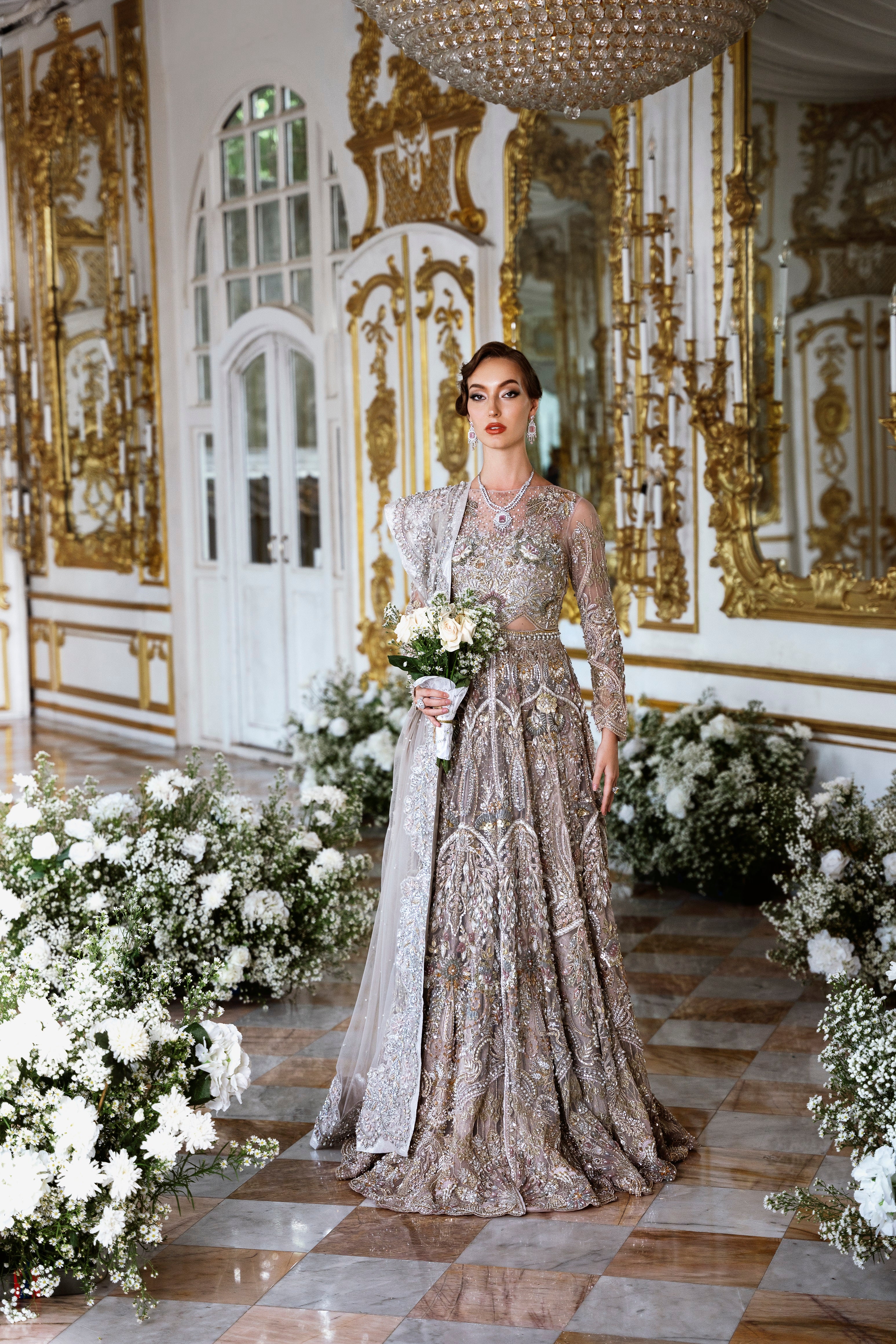 Light Mauve Embellished Net Bridal Lehenga (3-Piece) - Image 1