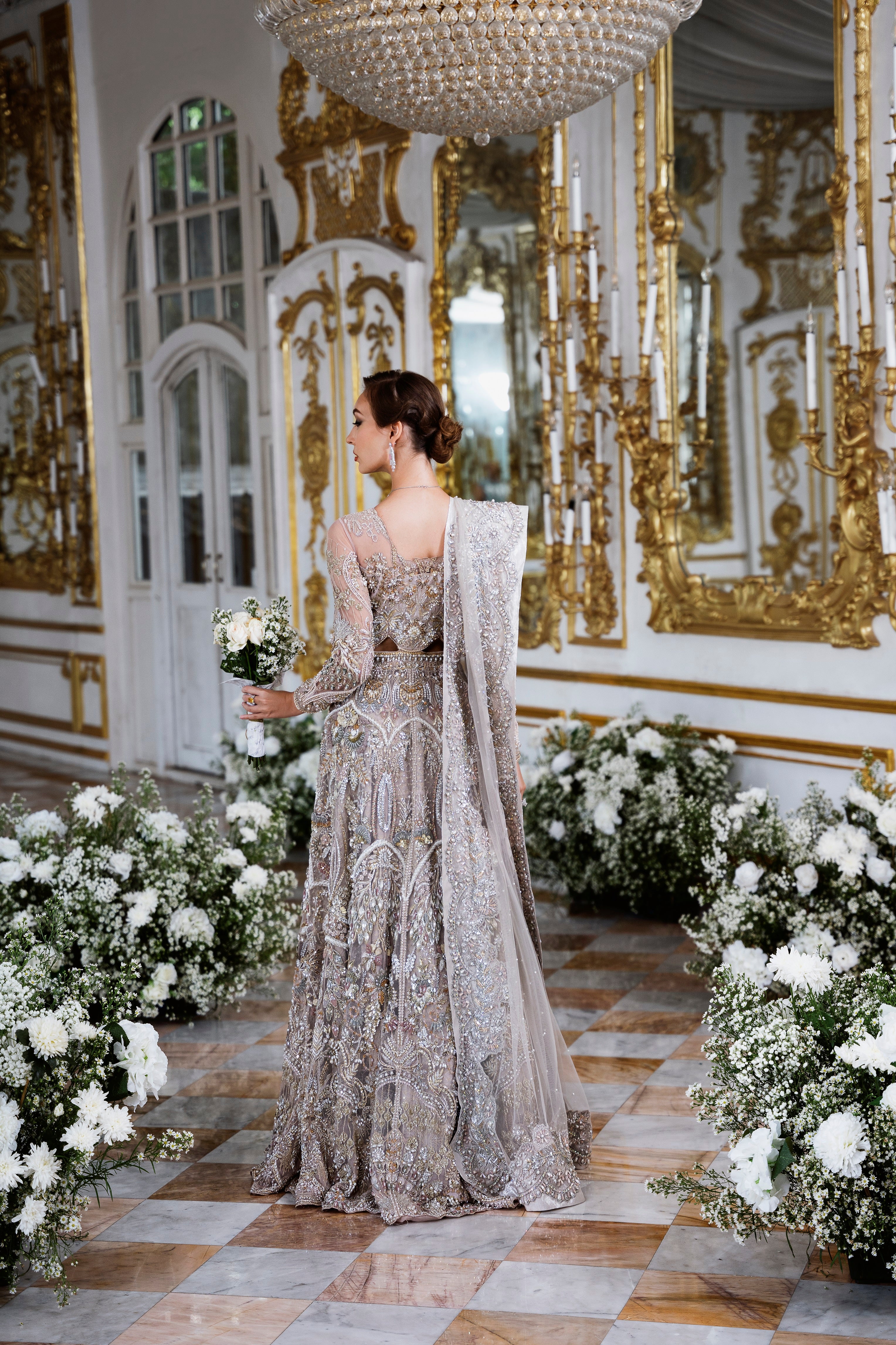 Light Mauve Embellished Net Bridal Lehenga (3-Piece) - Image 2