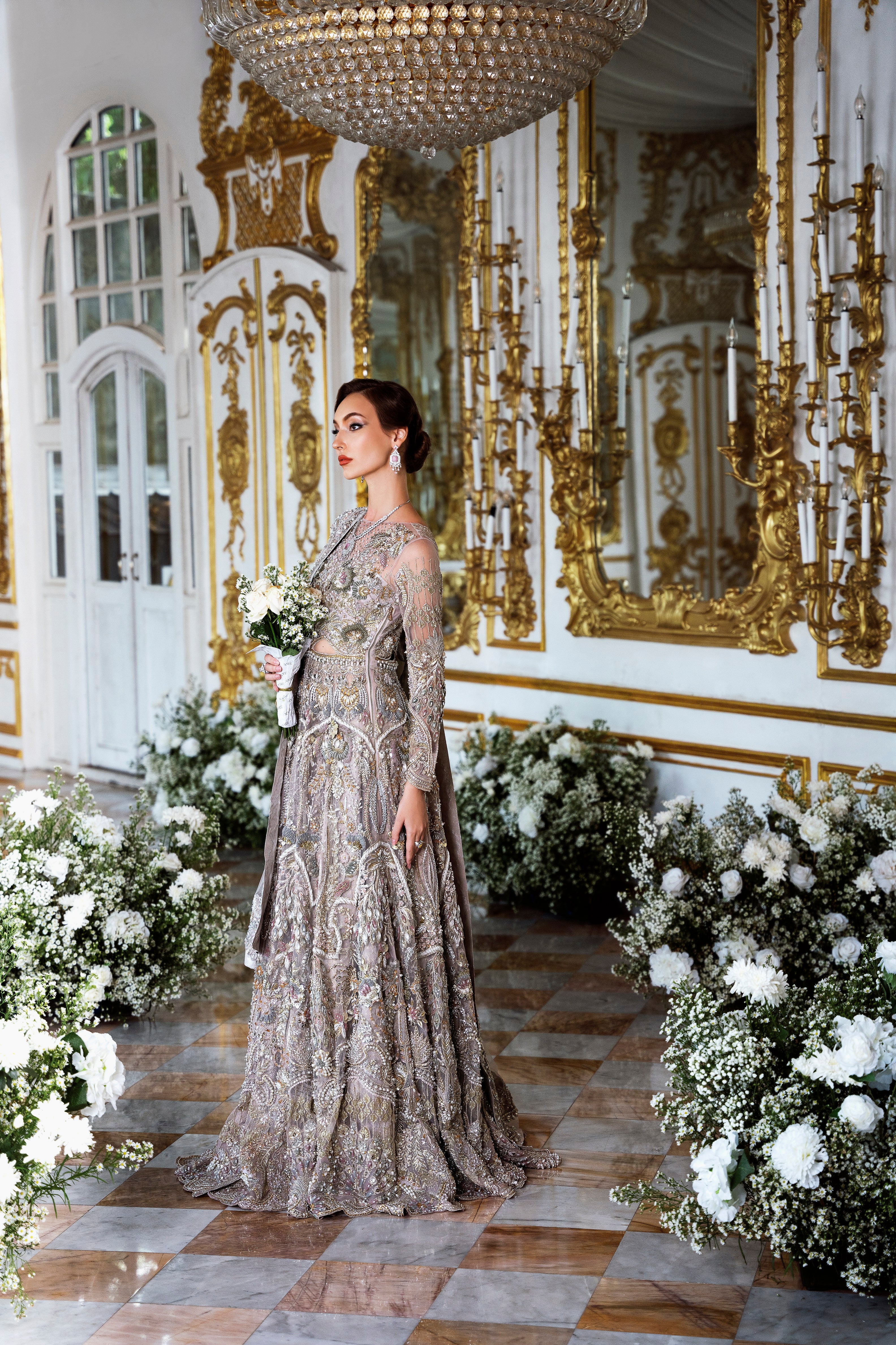 Light Mauve Embellished Net Bridal Lehenga (3-Piece) - Image 4