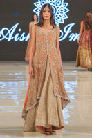 Pakistani Coral Pink Embroidered Net Gown with Gold Lehenga (3-Piece) - Image 2