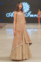 Pakistani Coral Pink Embroidered Net Gown with Gold Lehenga (3-Piece) - Image 3