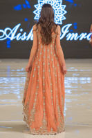 Pakistani Coral Pink Embroidered Net Gown with Gold Lehenga (3-Piece) - Image 4