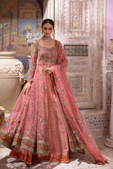 Light Pink Embroidered Net Gown with Jamawar Lehenga (3-Piece) - Image 2