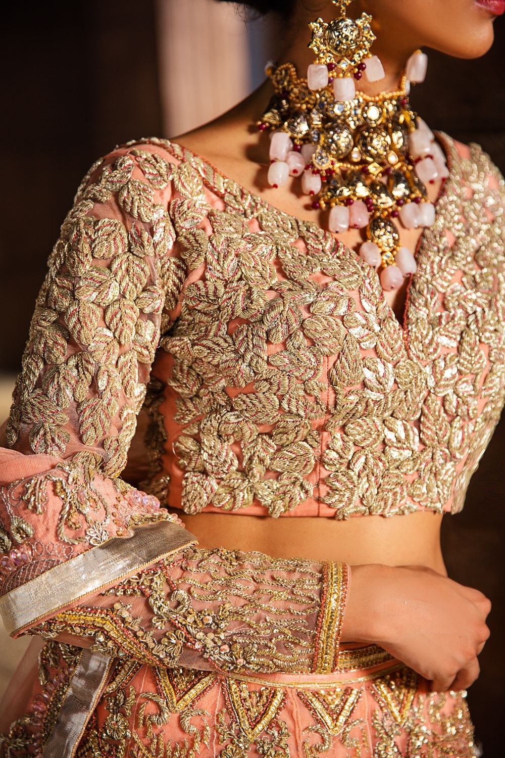 Pakistani Peach Embellished Net Lehenga Choli (3-Piece) - Image 3