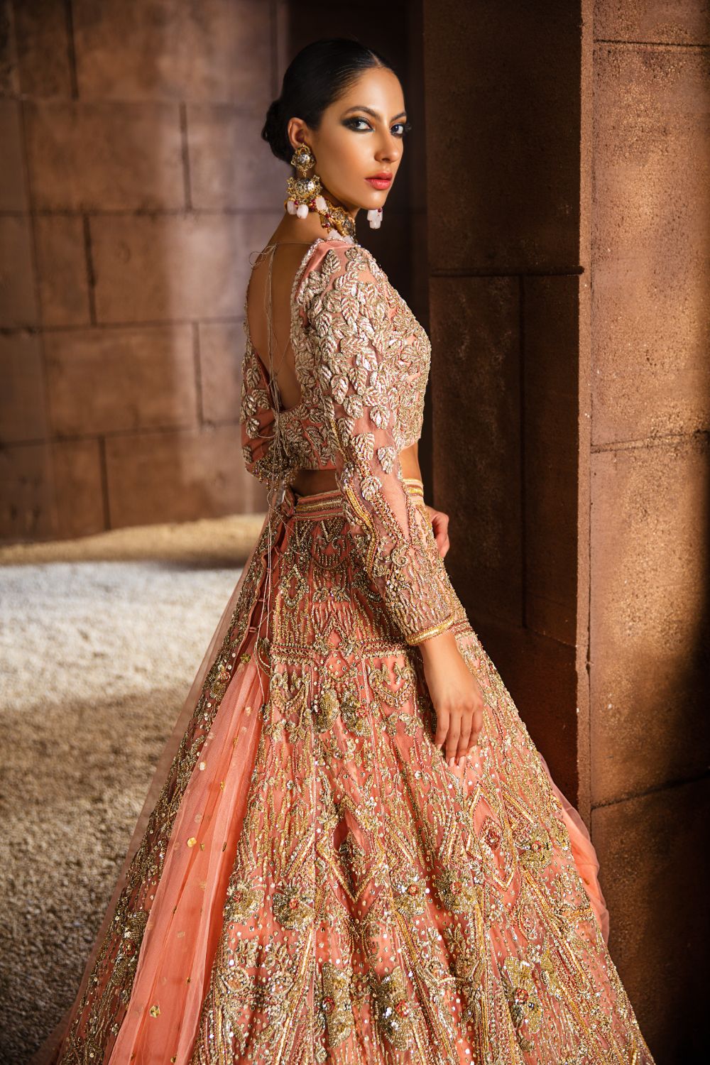 Pakistani Peach Embellished Net Lehenga Choli (3-Piece) - Image 2