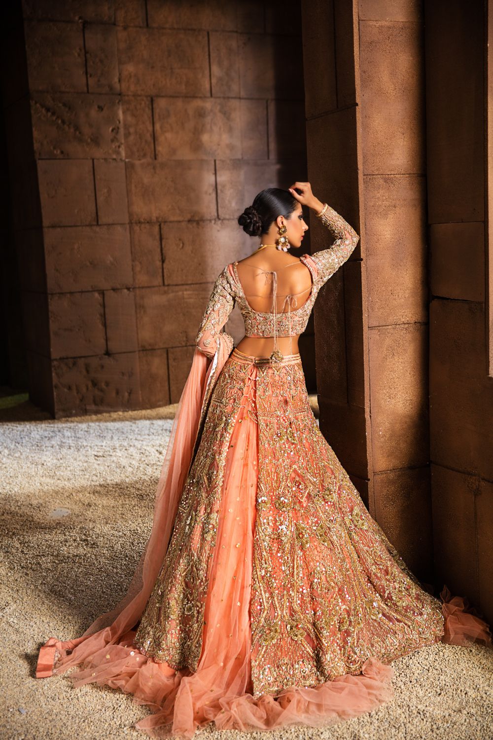 Pakistani Peach Embellished Net Lehenga Choli (3-Piece) - Image 4