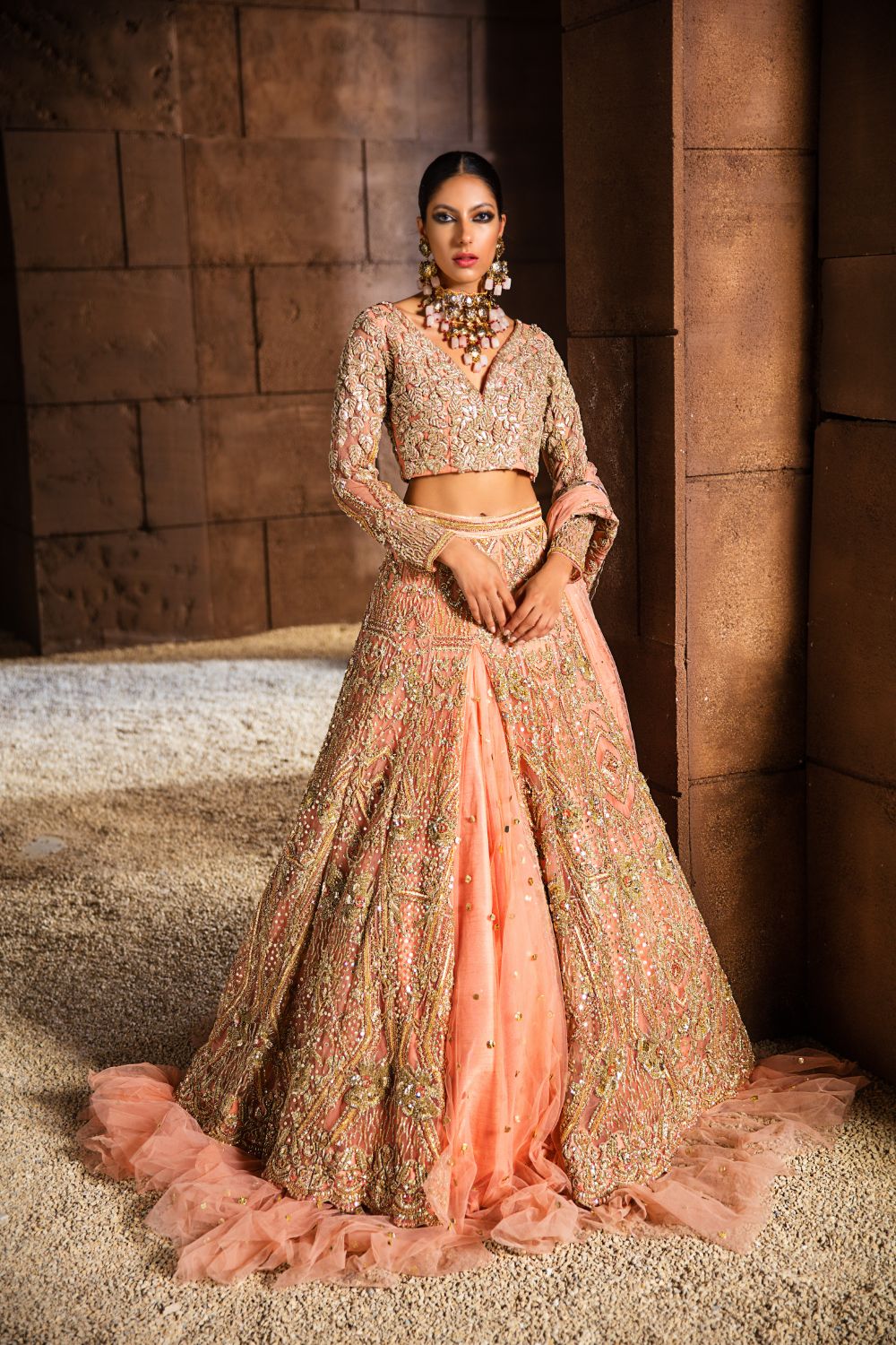 Peach Embellished Net Lehenga Choli (3-Piece) - Image 1