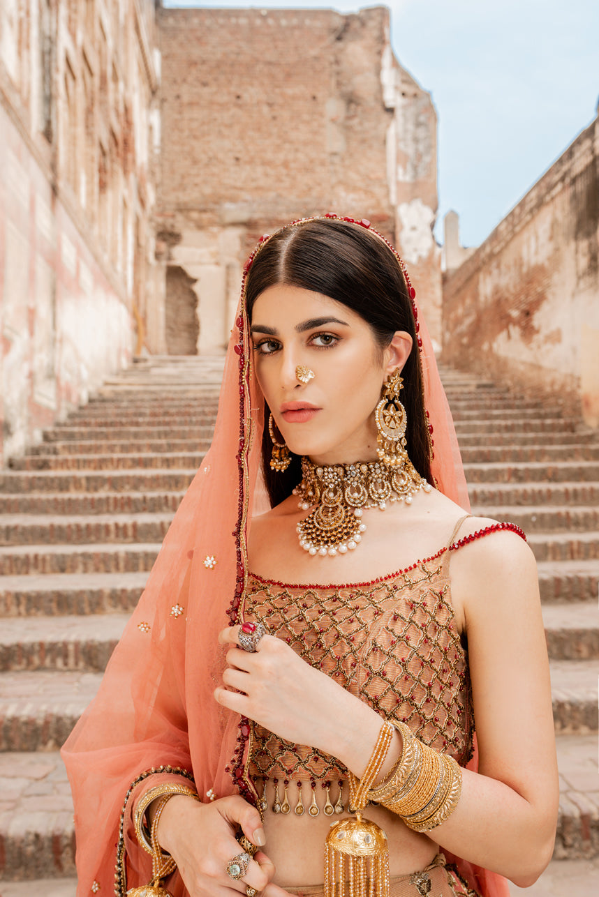 Pakistani Pastel Pink & Red Embellished Pure Net Bridal Lehenga (3-Piece) - Image 3