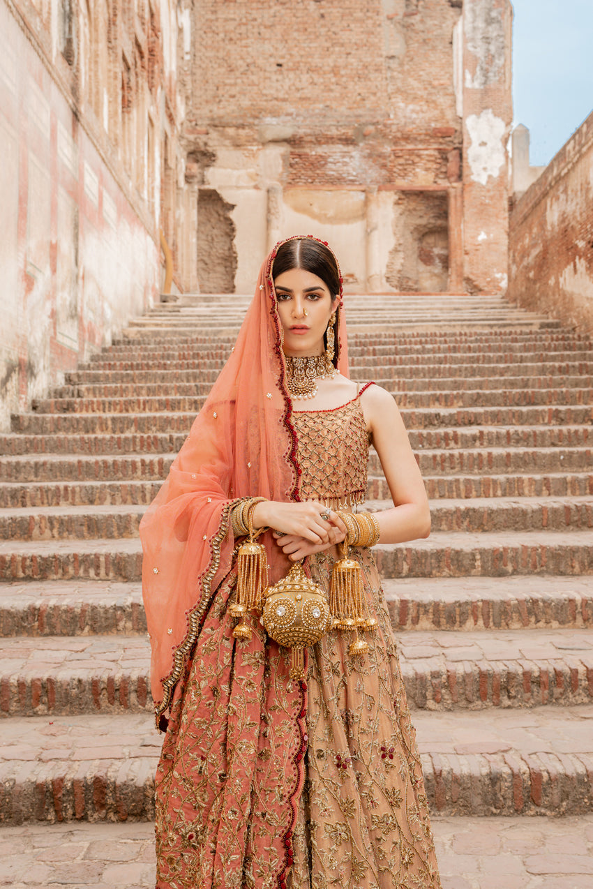 Pakistani Pastel Pink & Red Embellished Pure Net Bridal Lehenga (3-Piece) - Image 4