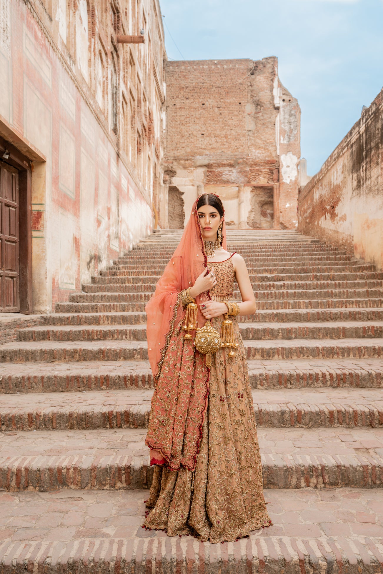 Pakistani Pastel Pink & Red Embellished Pure Net Bridal Lehenga (3-Piece) - Image 5
