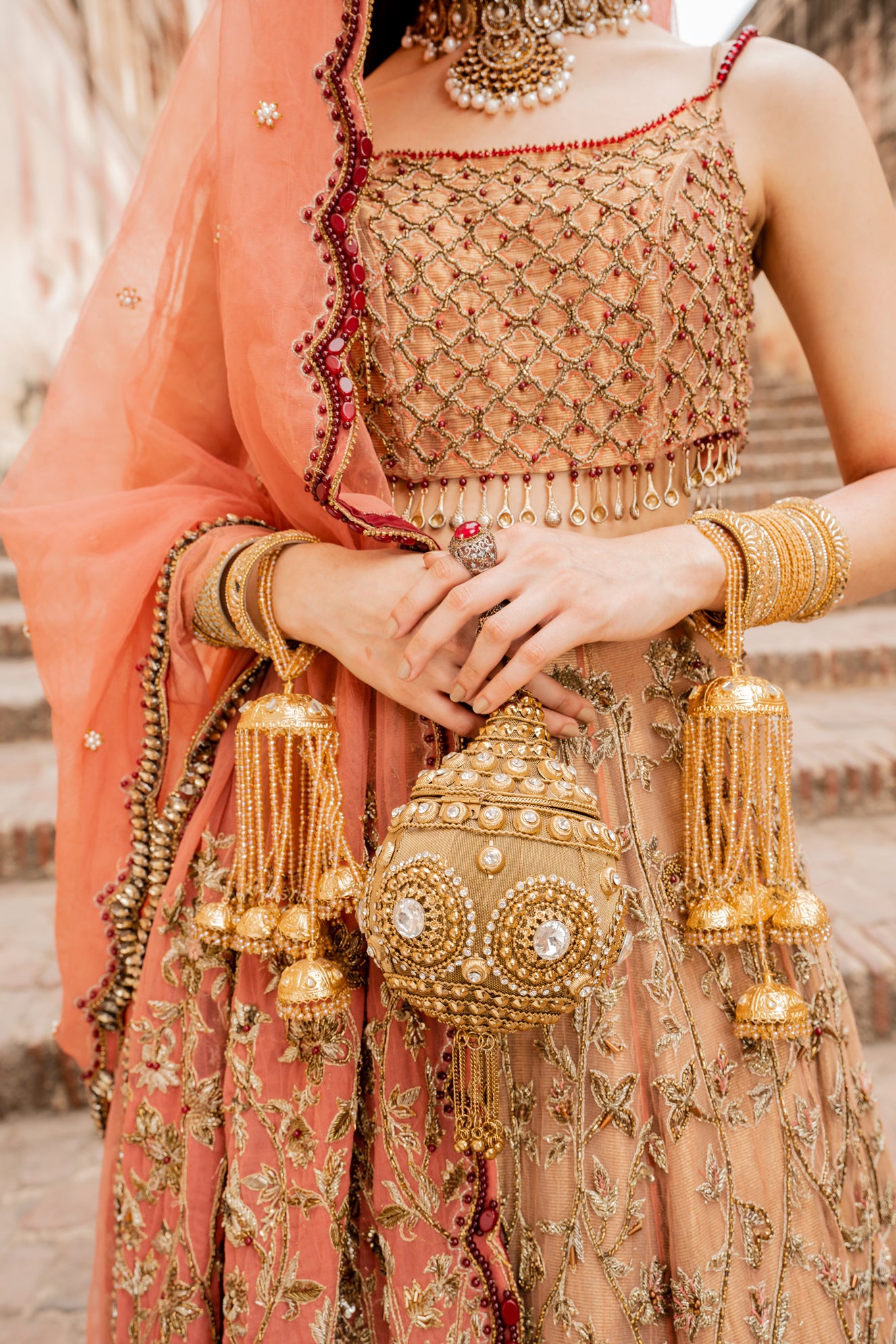 Pakistani Pastel Pink & Red Embellished Pure Net Bridal Lehenga (3-Piece) - Image 6