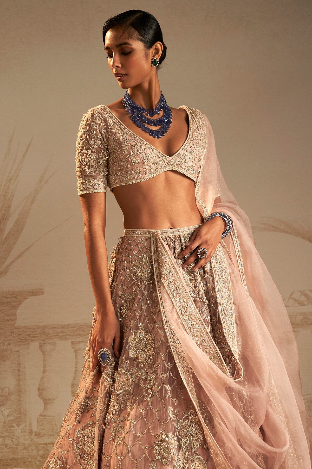Dusky Pink Applique Embroidered Net & Organza Lehenga (3-Piece) - Image 1