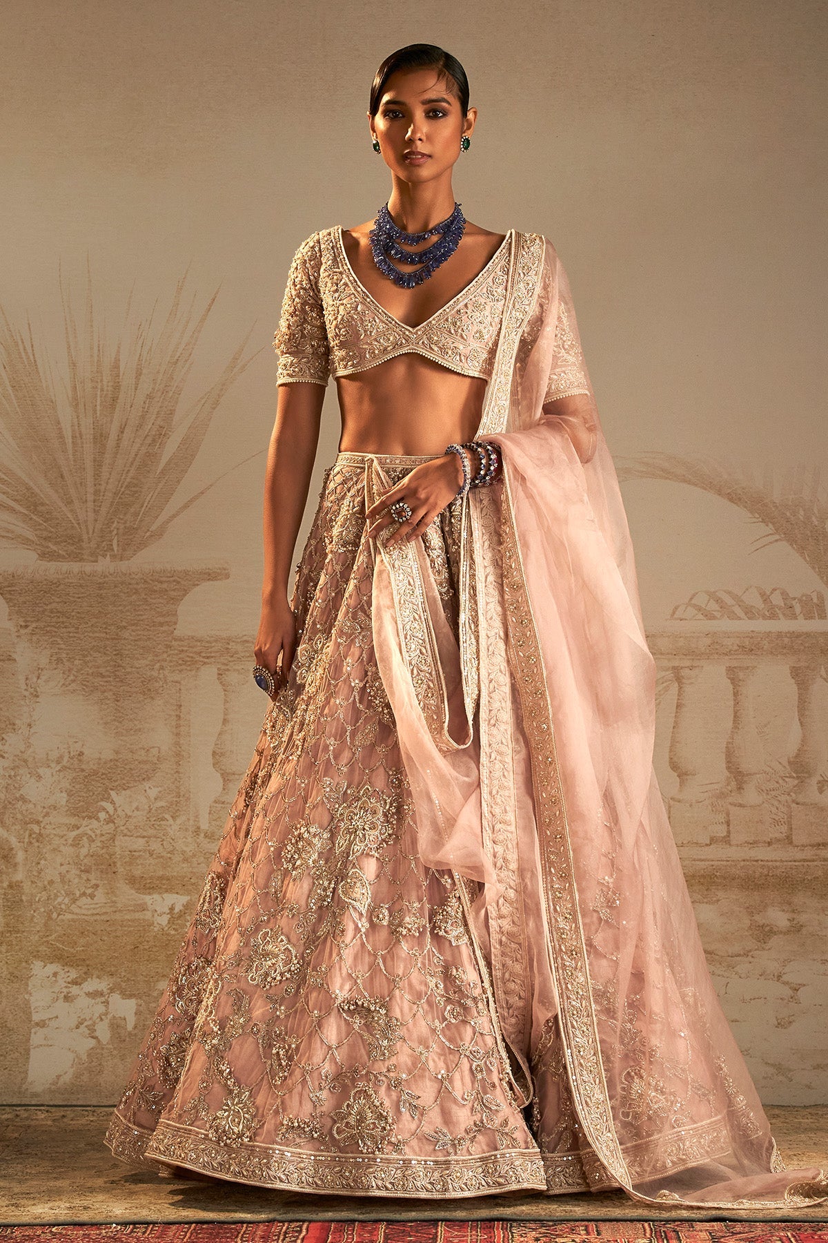 Dusky Pink Applique Embroidered Net & Organza Lehenga (3-Piece) - Image 2