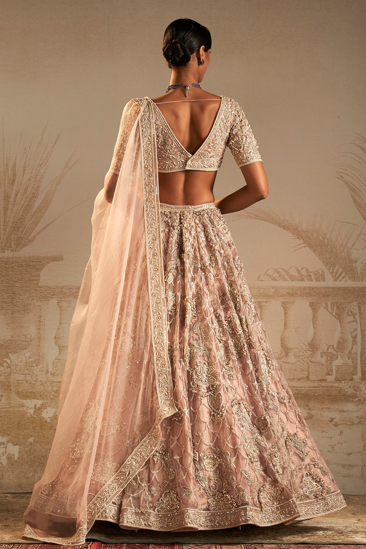 Dusky Pink Applique Embroidered Net & Organza Lehenga (3-Piece) - Image 3
