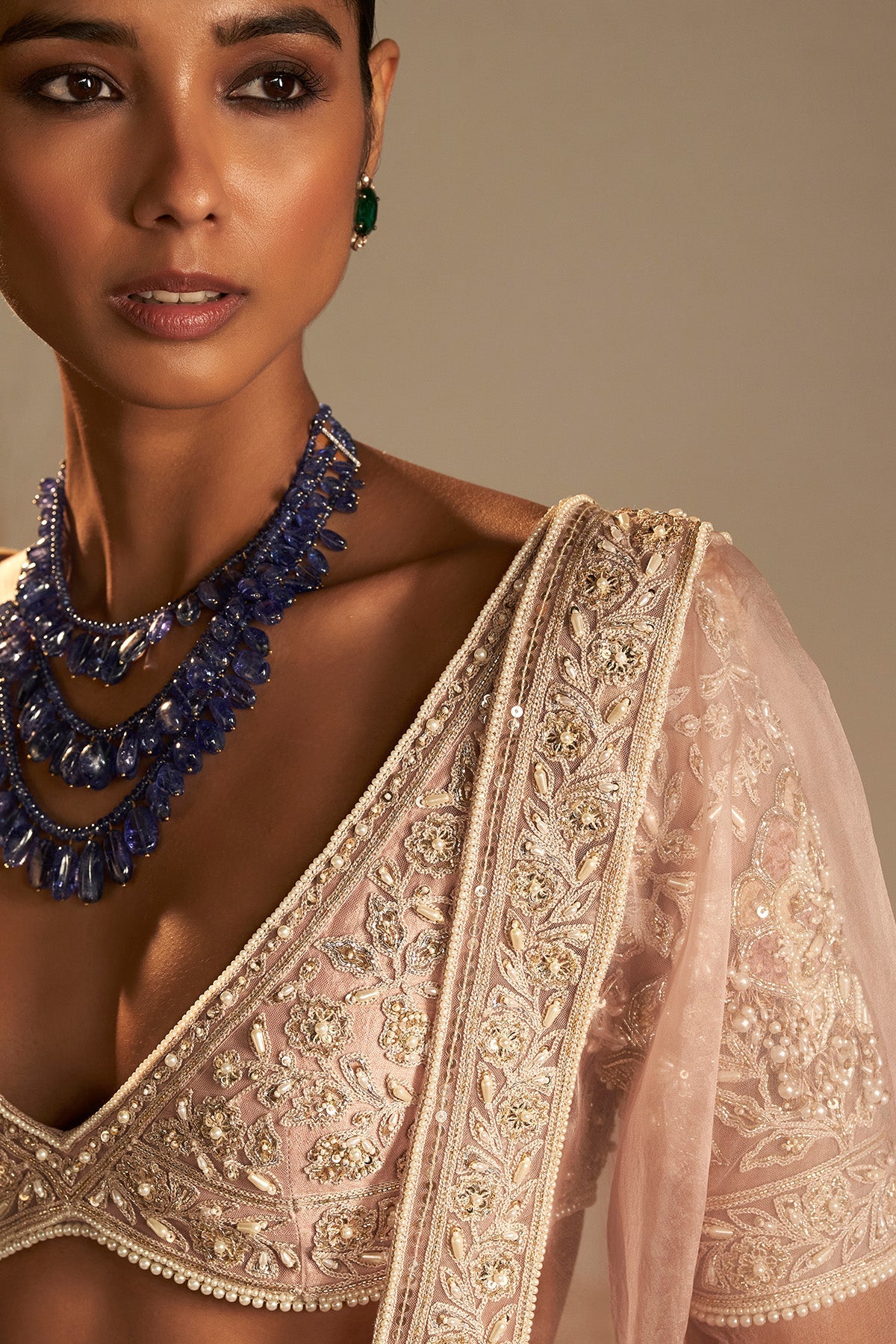 Dusky Pink Applique Embroidered Net & Organza Lehenga (3-Piece) - Image 4