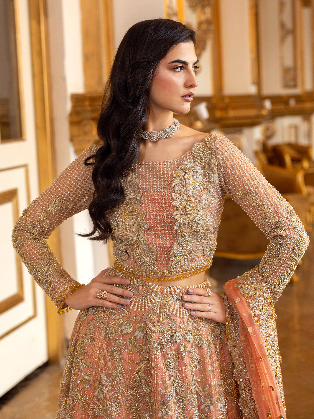 Pakistani Coral Embellished Net Lehenga Dress (3-Piece) - Image 3