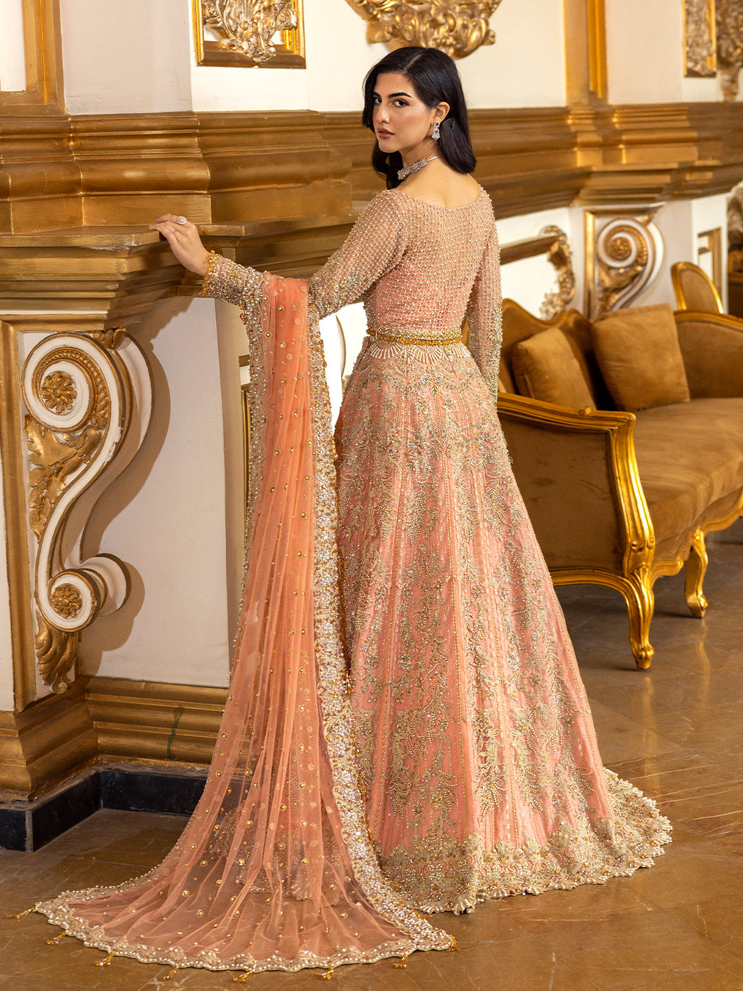 Pakistani Coral Embellished Net Lehenga Dress (3-Piece) - Image 4