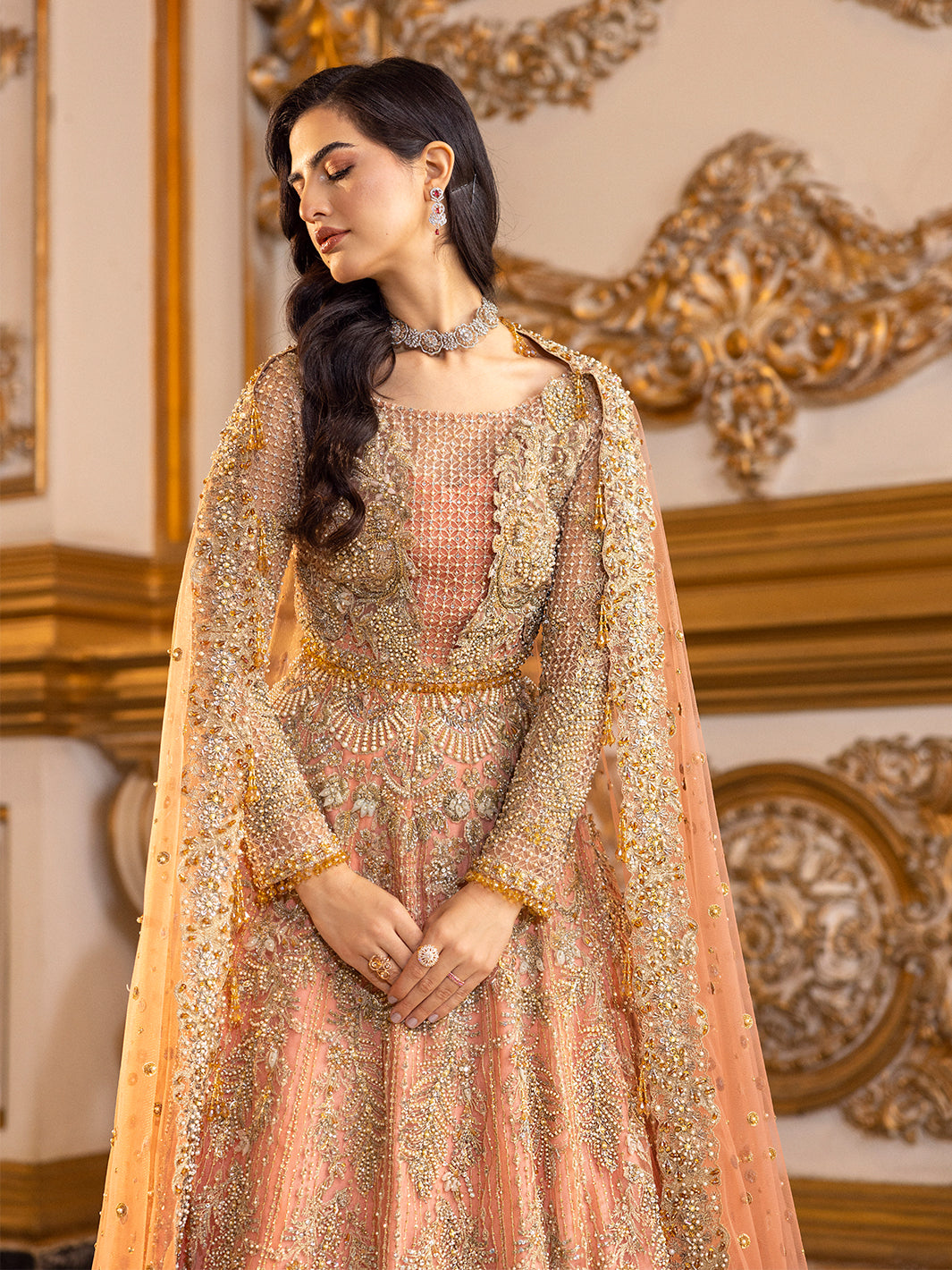 Pakistani Coral Embellished Net Lehenga Dress (3-Piece) - Image 6